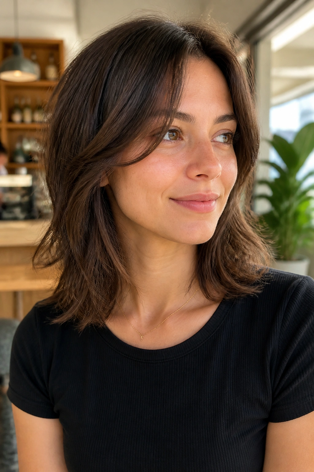Medium close-up of a real woman with shoulder-length shag and ribbons framing the face
