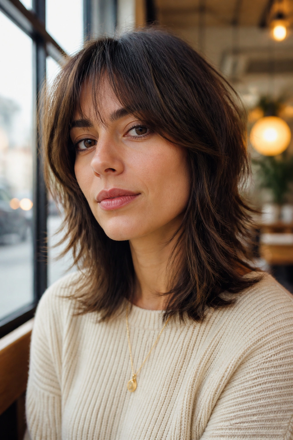 Portrait of a real woman with shoulder-length shag showing mid-length layers and natural flip.