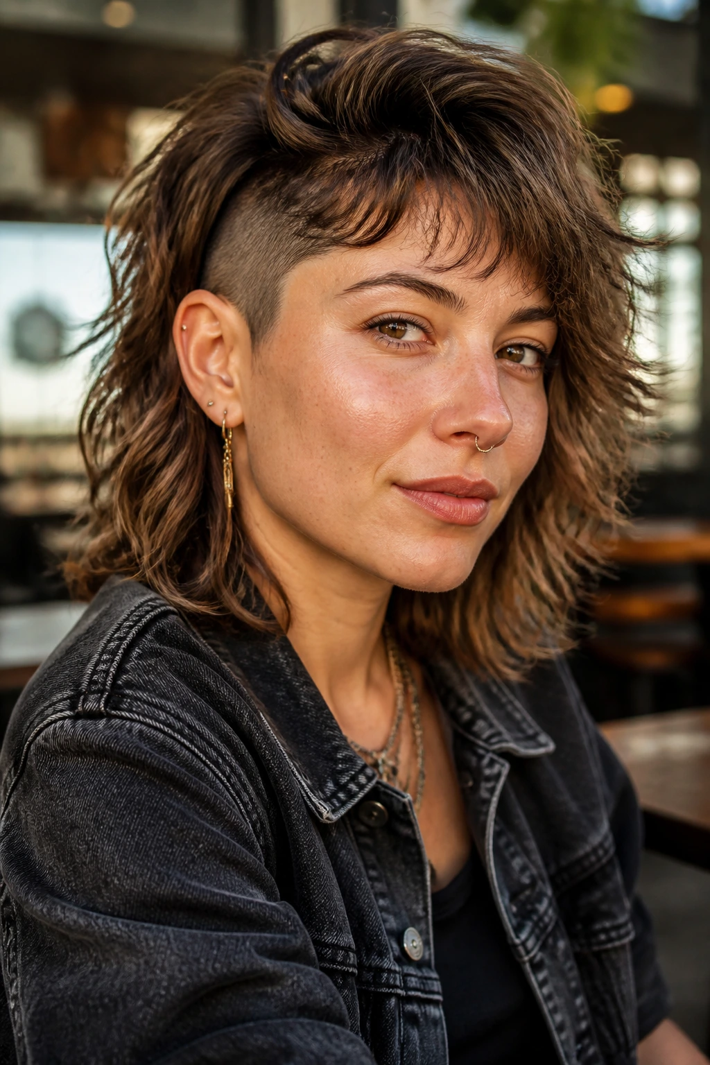 Close-up of a person with shoulder-length shag and undercut in an outdoor cafe setting
