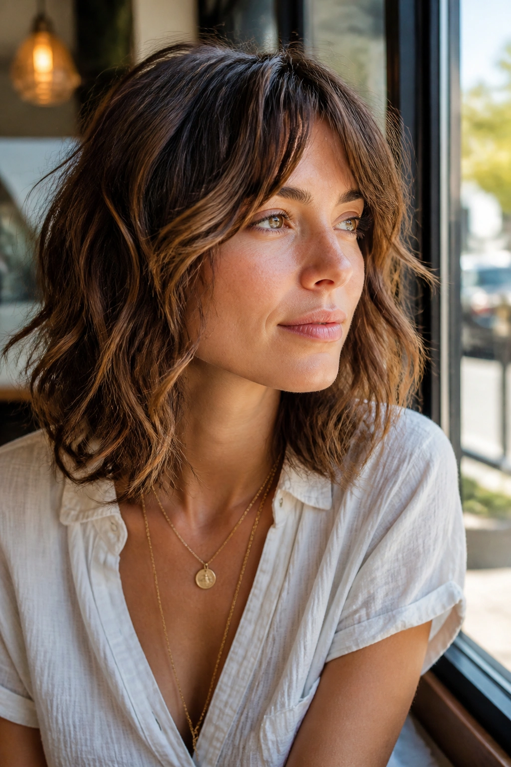 Close-up of a woman with shoulder-length shag waves by a sunlit cafe window