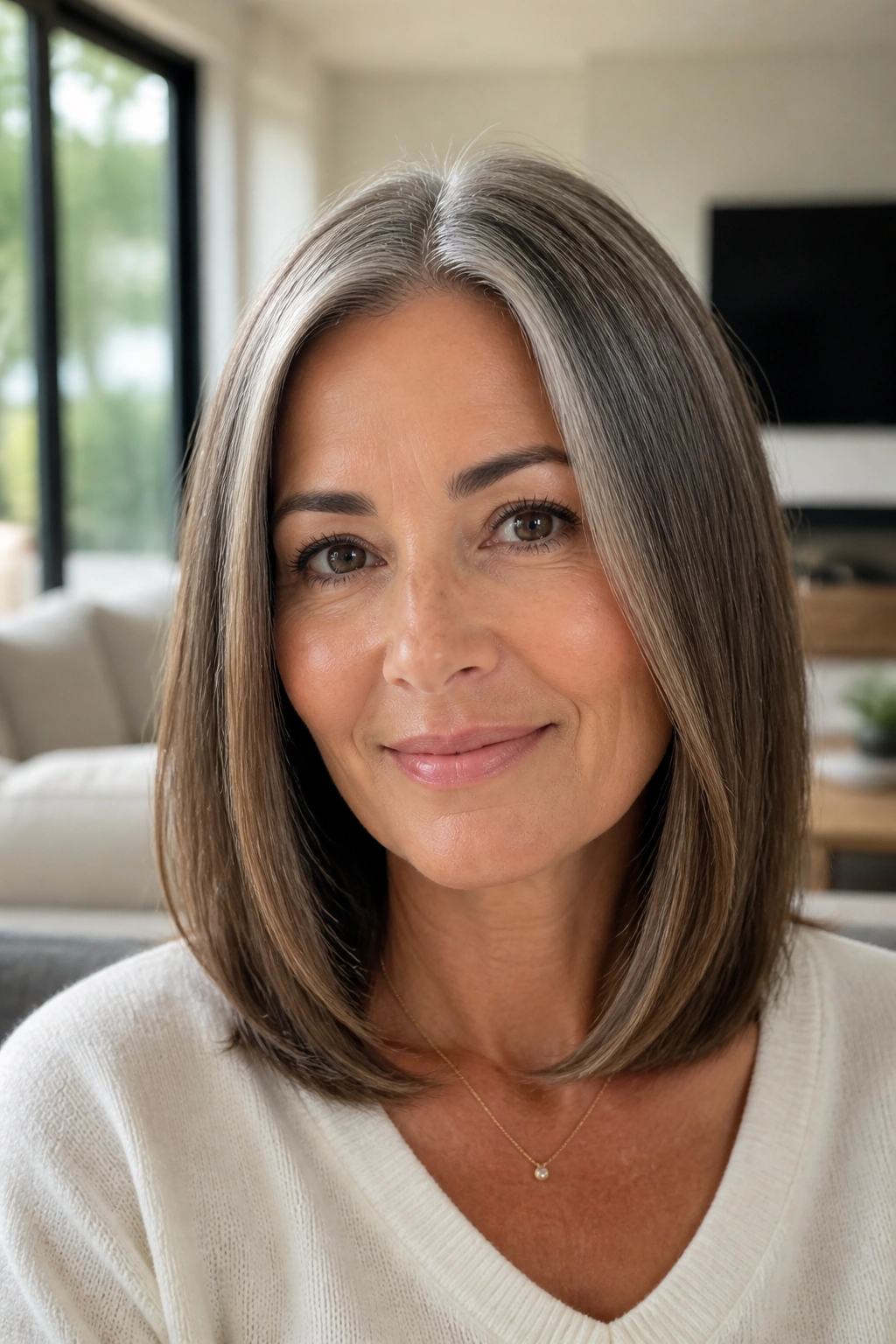 Portrait of a real woman with sleek shoulder-length hair and layered ends in natural daylight