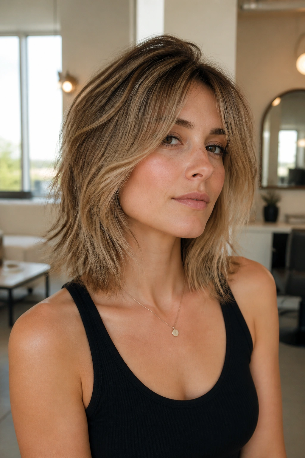 Portrait of a real woman with shoulder-length textured wolf cut in natural light