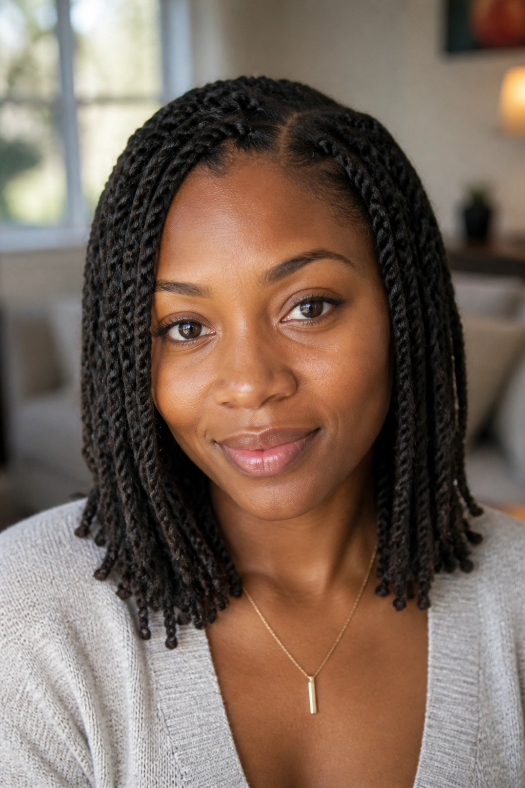 Close-up of shoulder-length twists on a real Black woman in warm window light