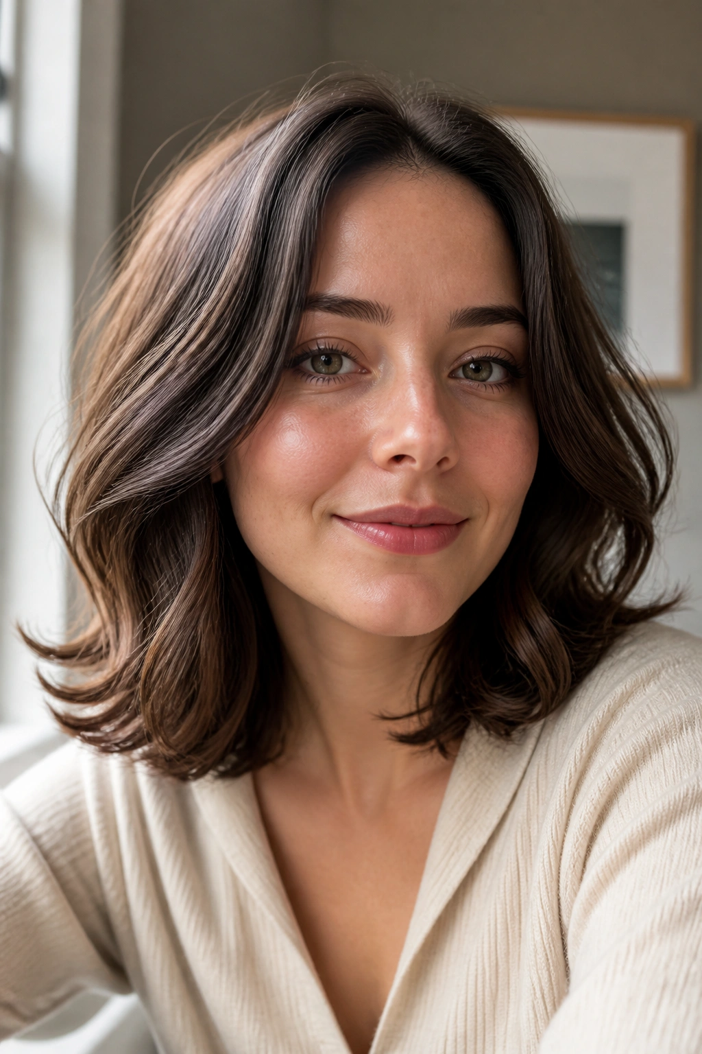 Close-up of a real woman with shoulder-length waves ending flipped out