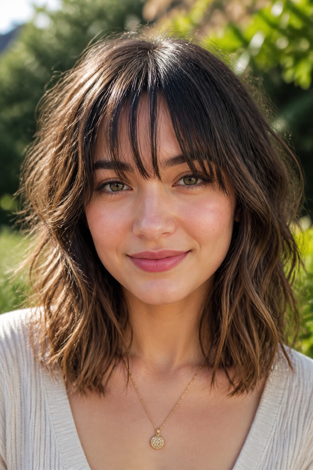 Close-up of a real person with shoulder-length waves and piecey fringe