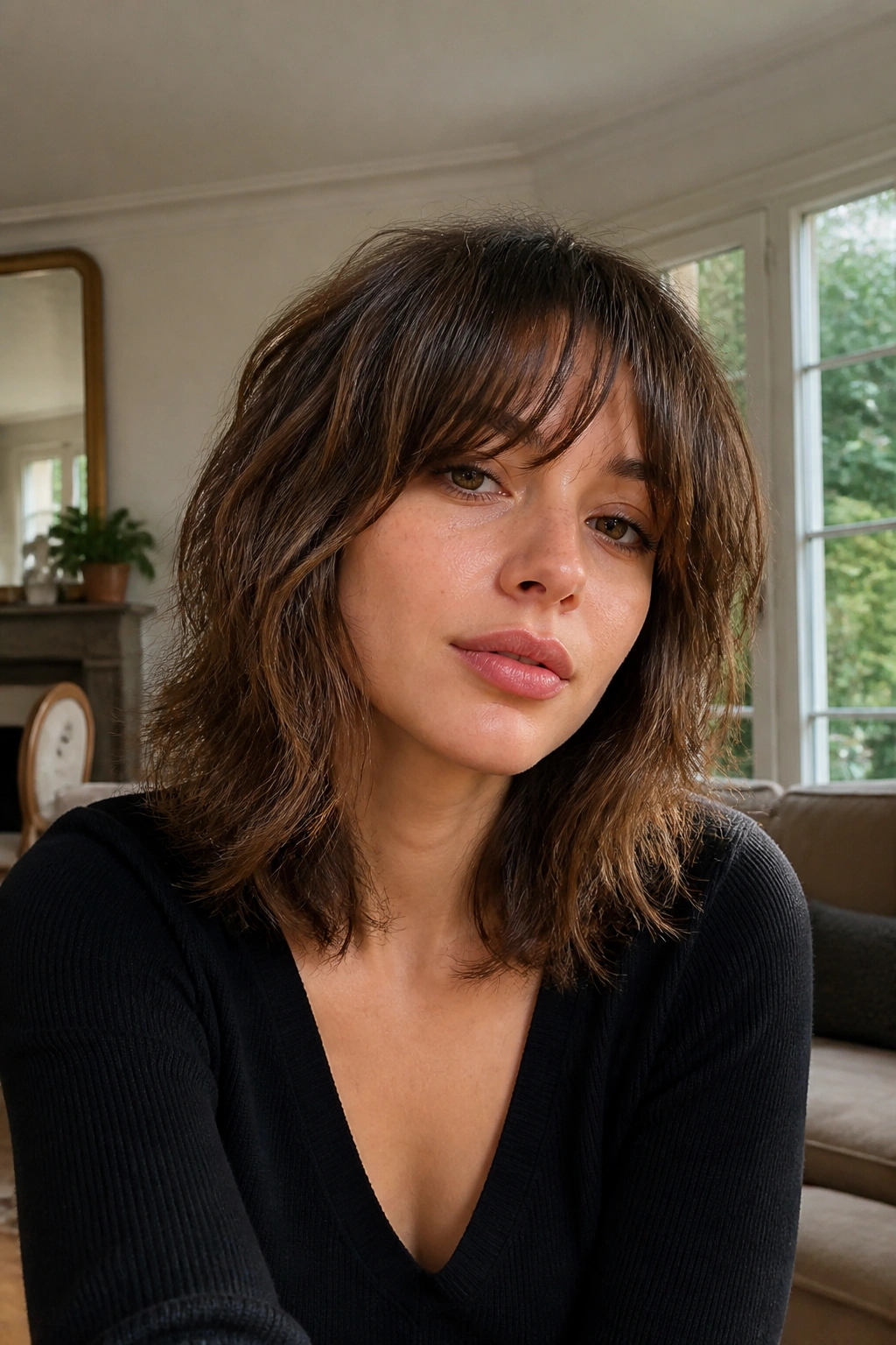 Portrait of a real person with shoulder-length wolf cut and fringe in soft window light