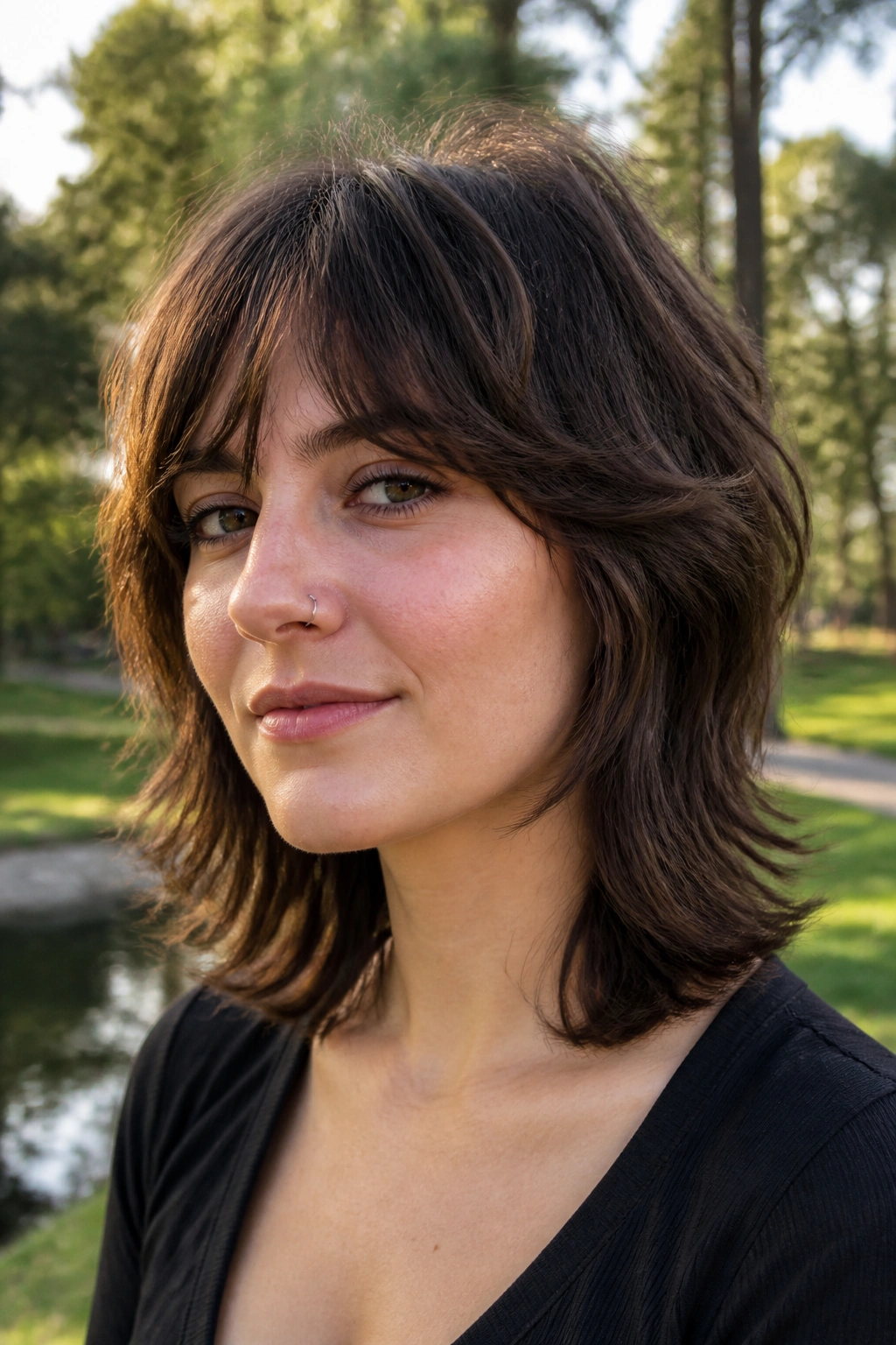 Close-up of a real person with shoulder-length wolf cut and cheekbone framing in natural light