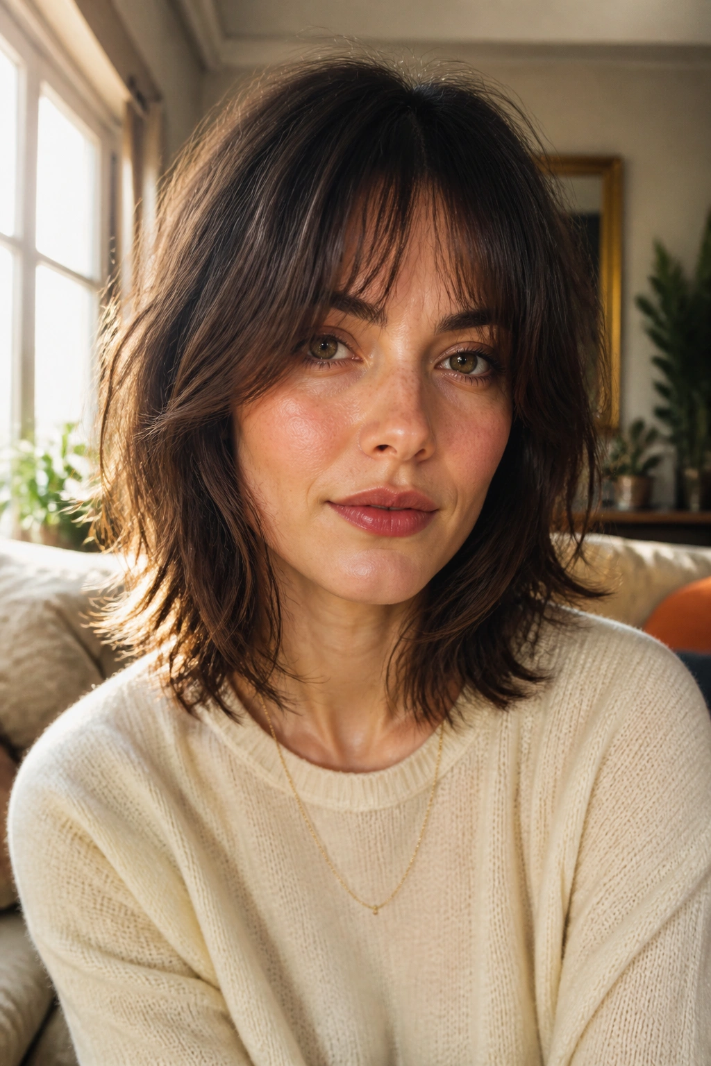 Close-up portrait of a real woman with shoulder-length wolf cut and curtain bangs in a cozy home setting