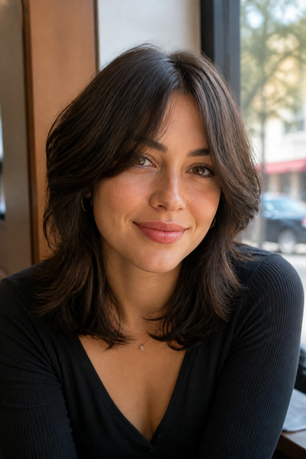 Medium close-up of a real person with shoulder-length wolf cut and soft curtain bangs