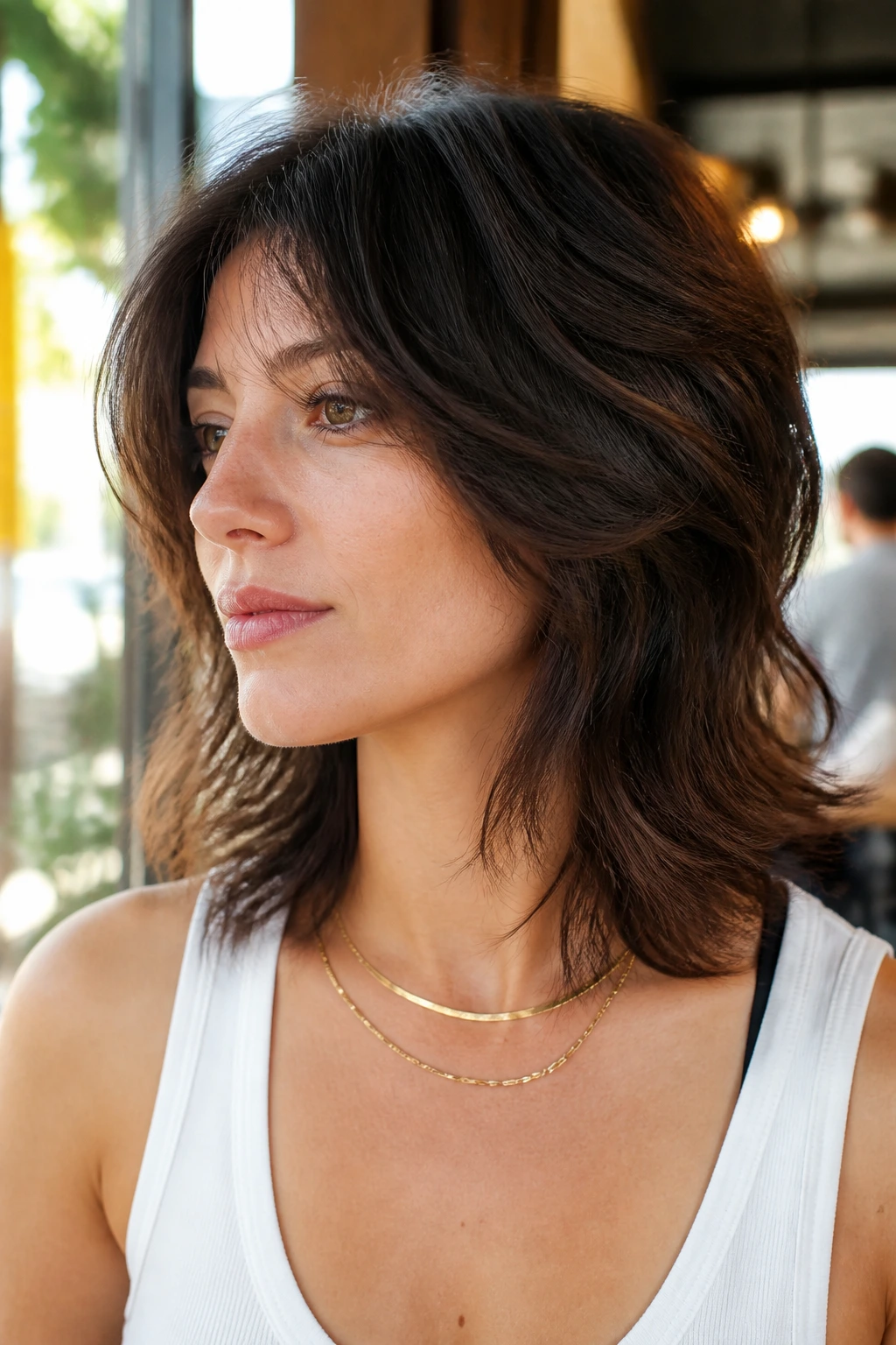 Close-up of a real woman with shoulder-length wolf cut and feathered layers in cafe window light
