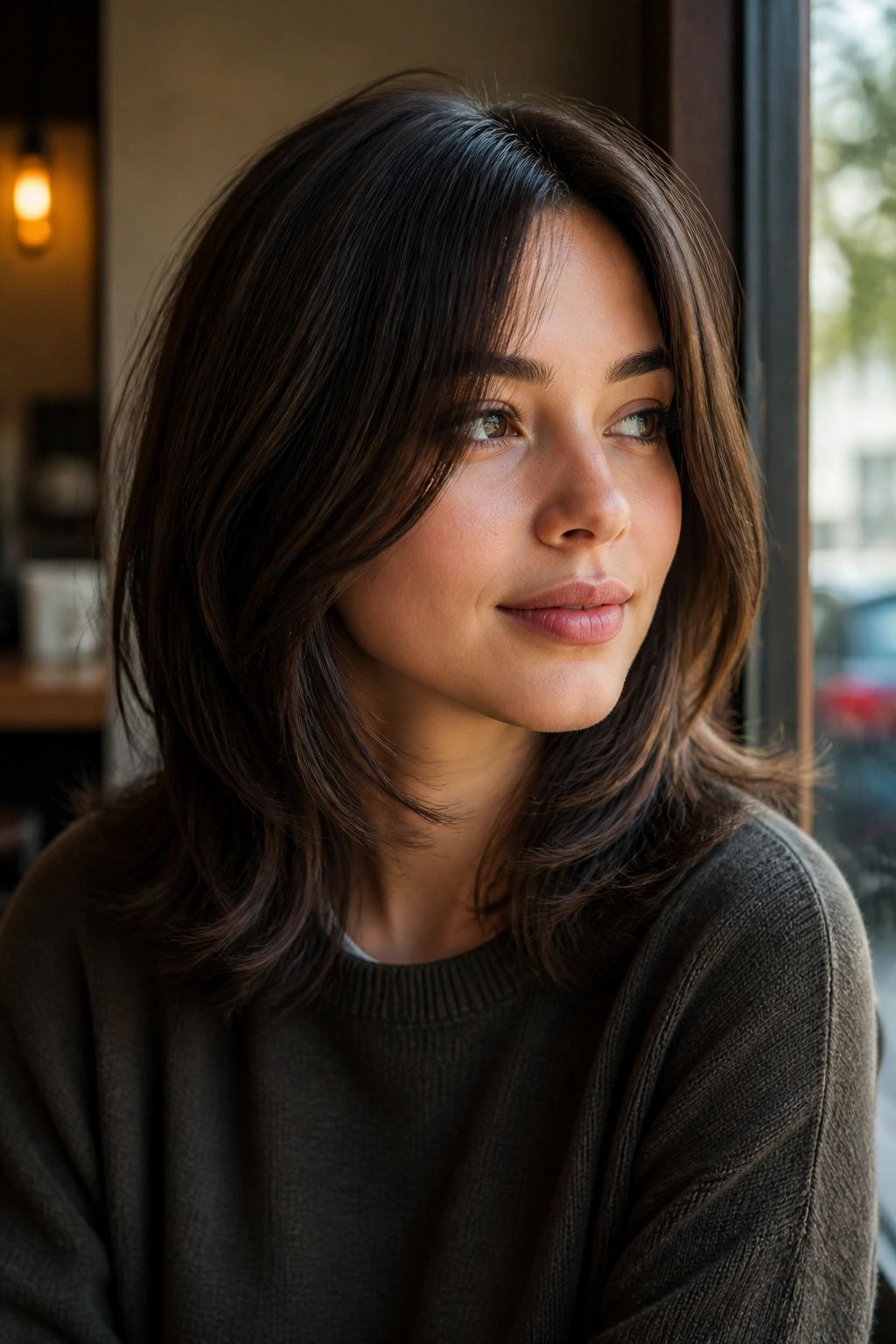 Close-up of a real woman with a shoulder-length soft wolf cut in a cozy cafe setting.