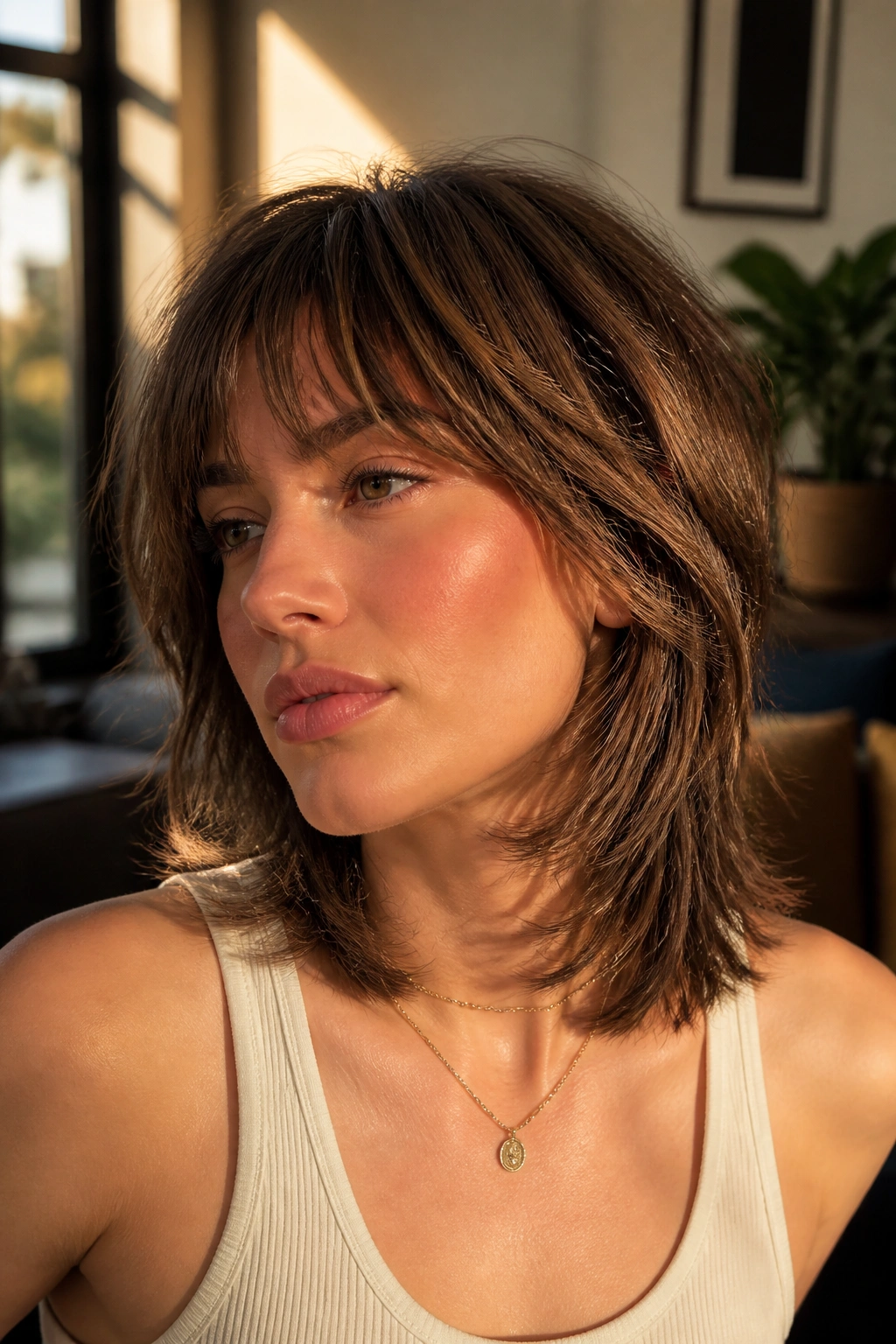 Portrait of a real woman with shoulder-length wolf cut and razor-soft ends