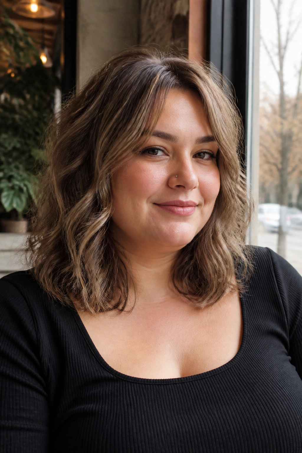 Portrait of woman with shoulder-length wolf cut and loose waves in warm daylight