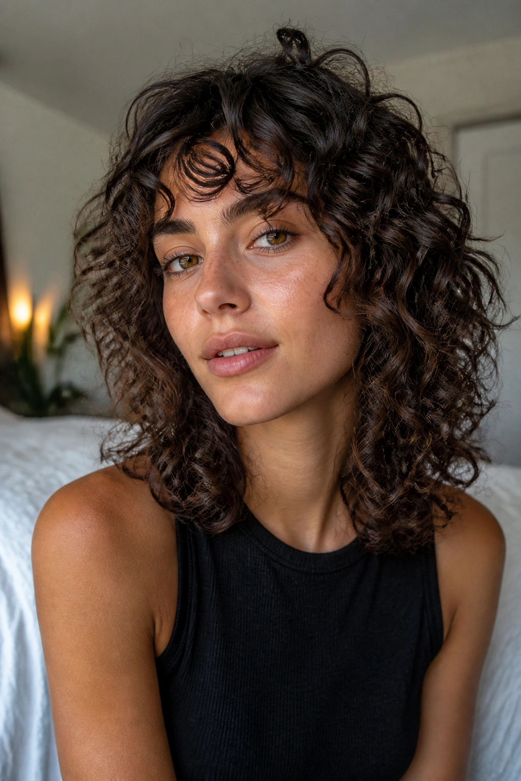 Close-up of a real woman with shoulder-length wolf shag curls around the cheeks.