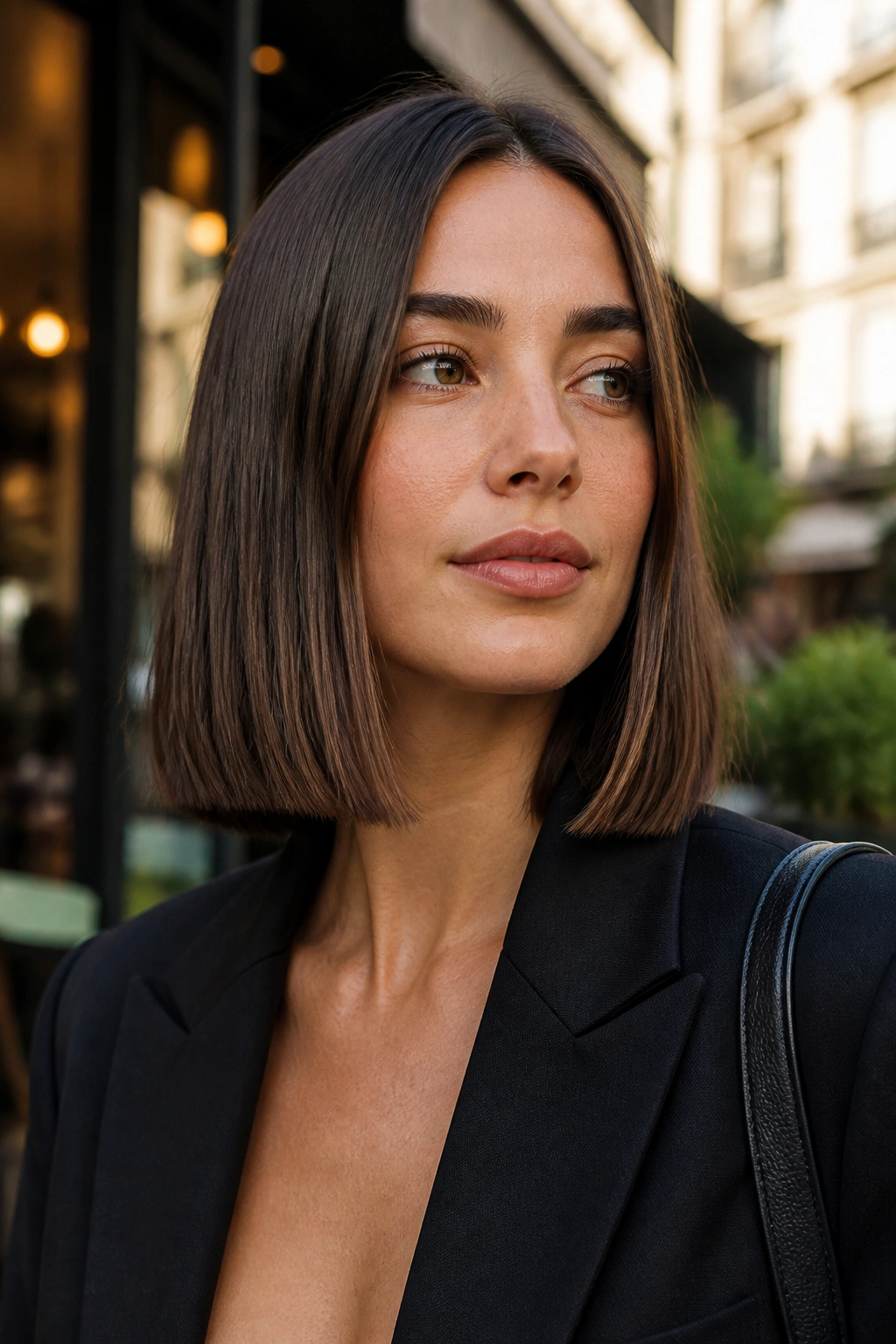 Portrait of a real woman with a shoulder-skimming blunt bob in natural daylight