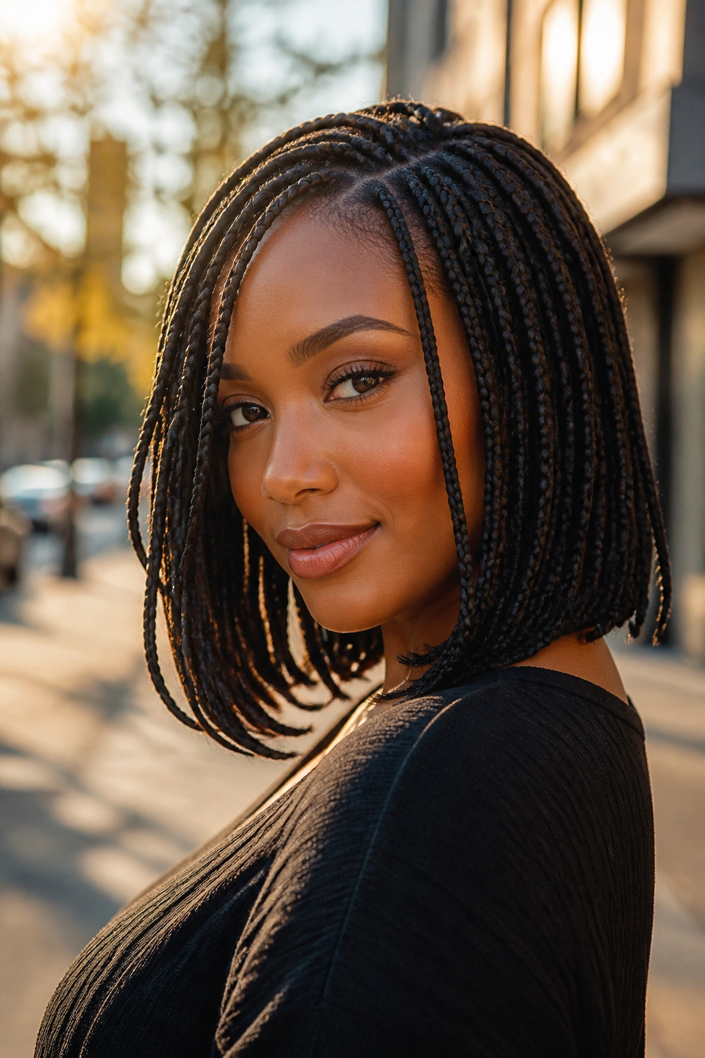 Close-up of a real woman with a shoulder-skimming braided bob and soft finish
