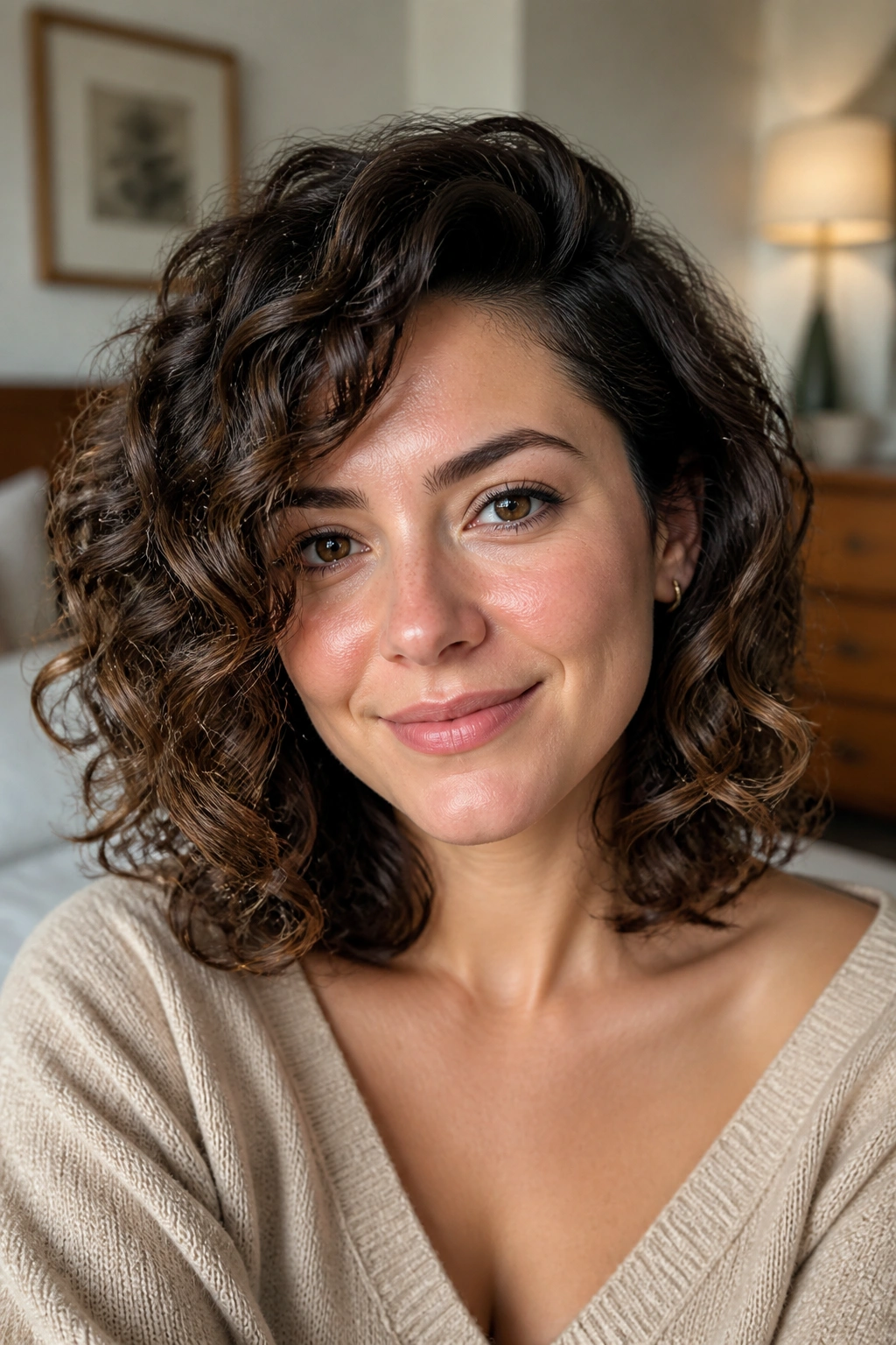 Close-up of shoulder-skimming curly lob with side part on a real person in warm window light