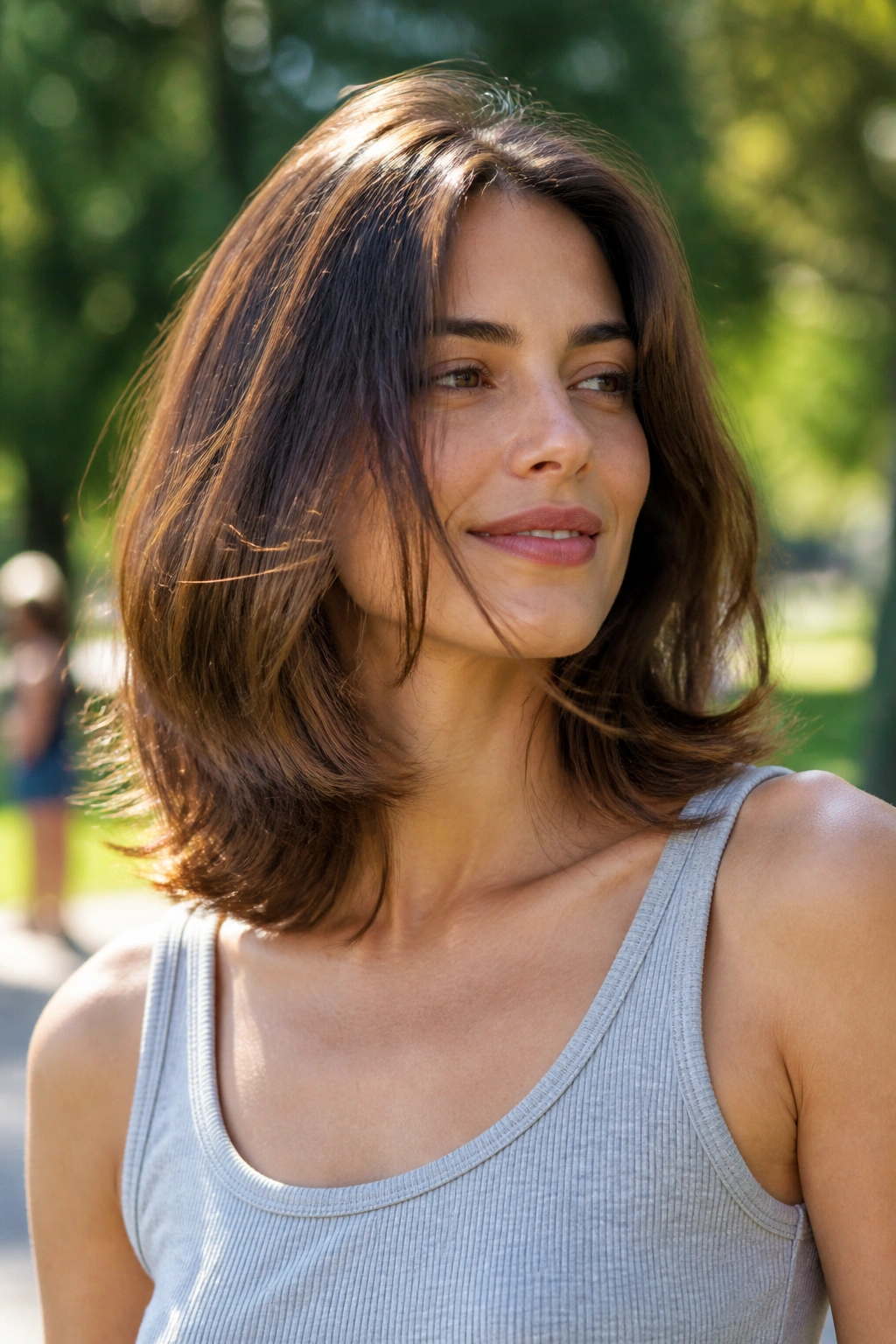 Portrait of a real woman with shoulder-skimming cut and natural movement