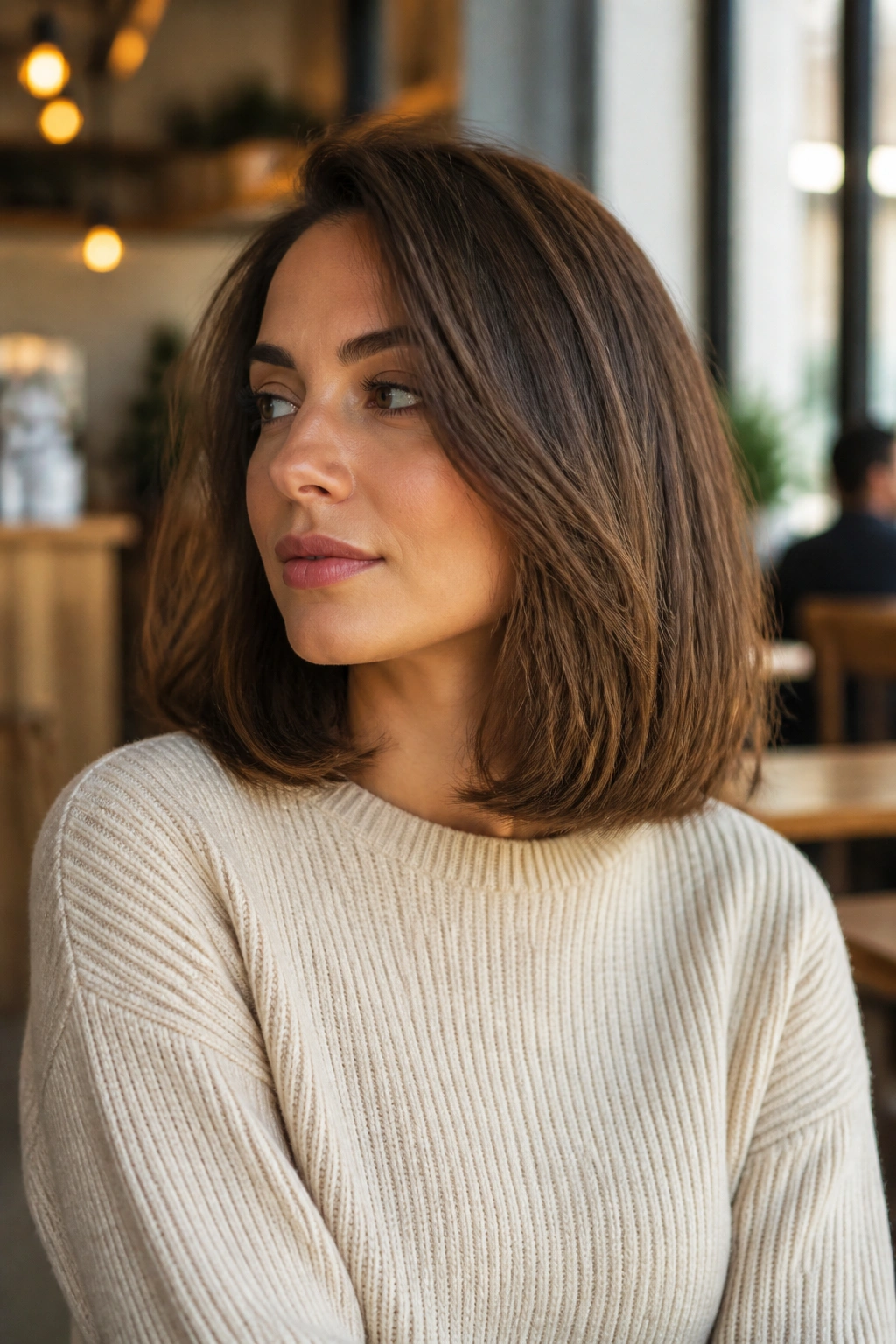 Portrait of a real woman with shoulder-skimming Italian bob and blunt ends.