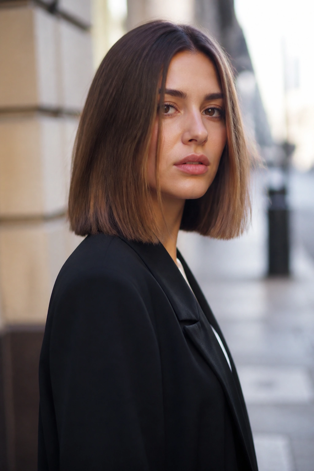 Three-quarter portrait of a person with a blunt shoulder-skimming lob