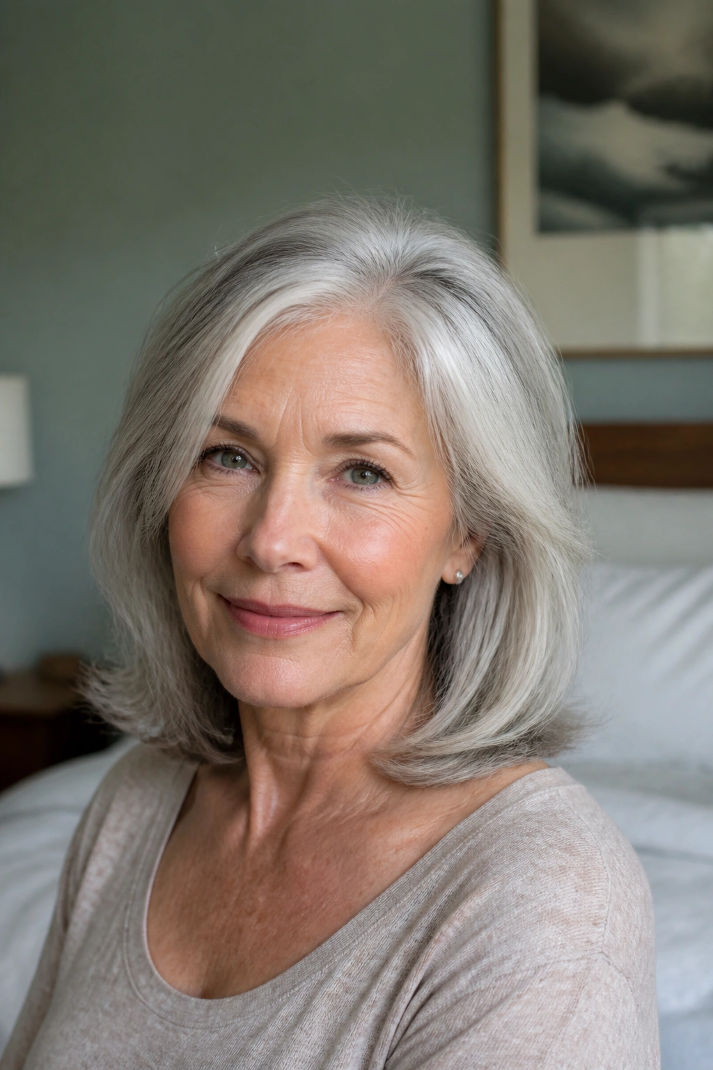 Close-up of a real woman with a shoulder-skimming lob hairstyle in natural window light