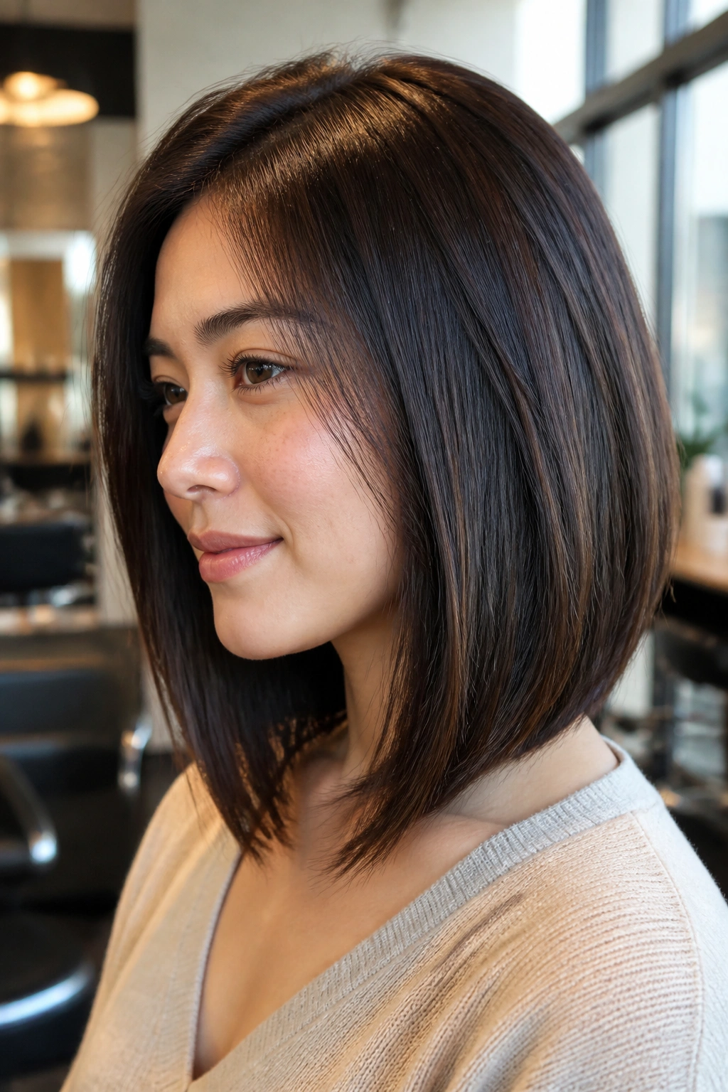 Close-up portrait of a real woman with shoulder-skimming angled lob and hidden layers.