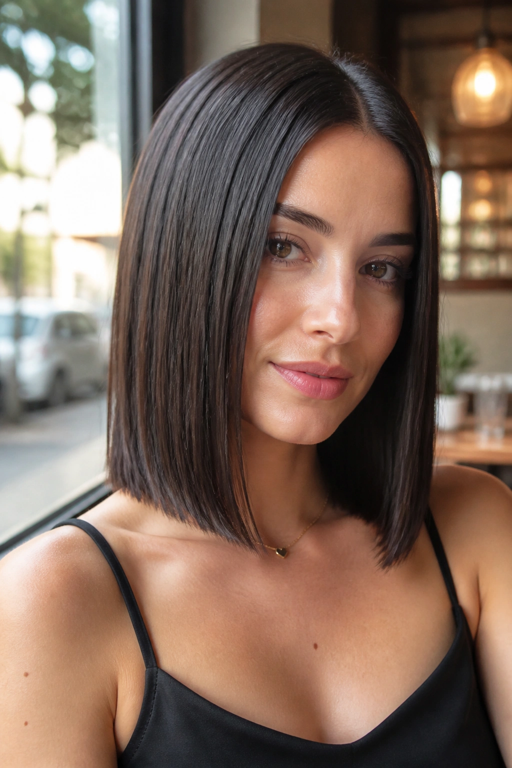 Close-up of a real person with a shoulder-skimming straight bob ending at shoulder level