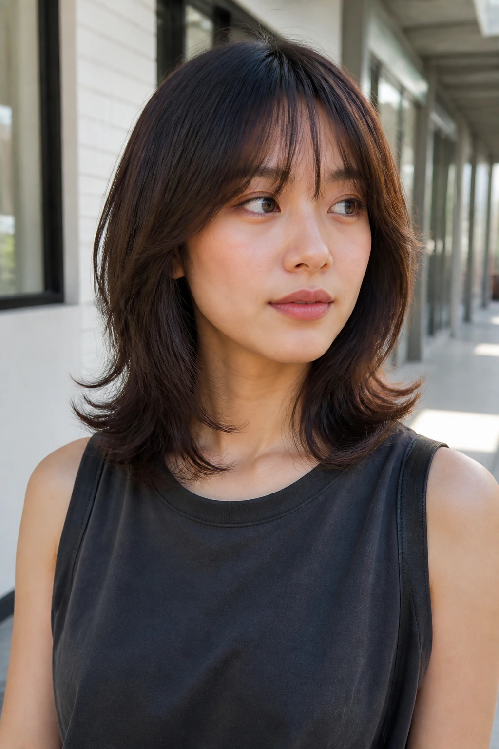 Close-up portrait of a real woman with shoulder-skimming wolf cut and flipped ends in daylight