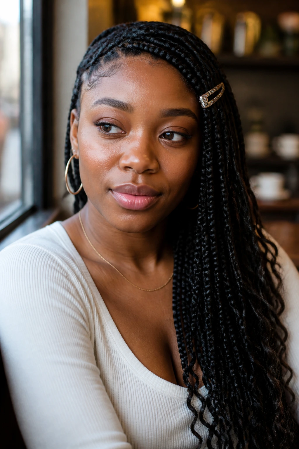 Side portrait of a real woman with shoulder-swept box braids secured by a temple clip