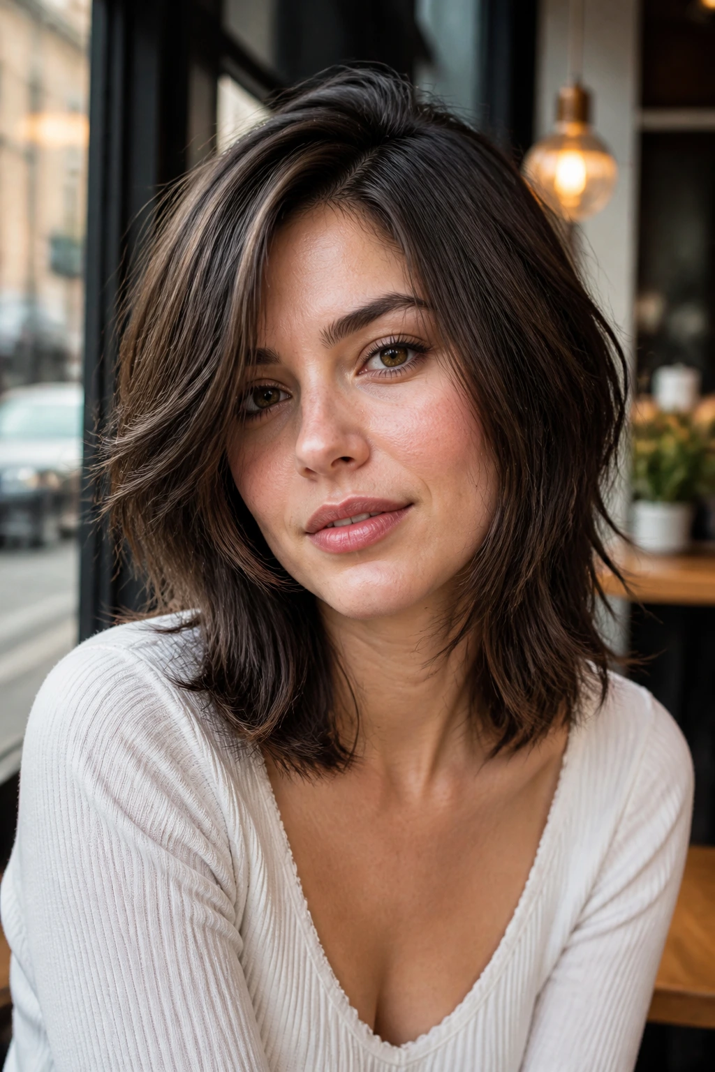 Close-up of real woman with shoulder-grazing wolf cut and side part in cafe window light