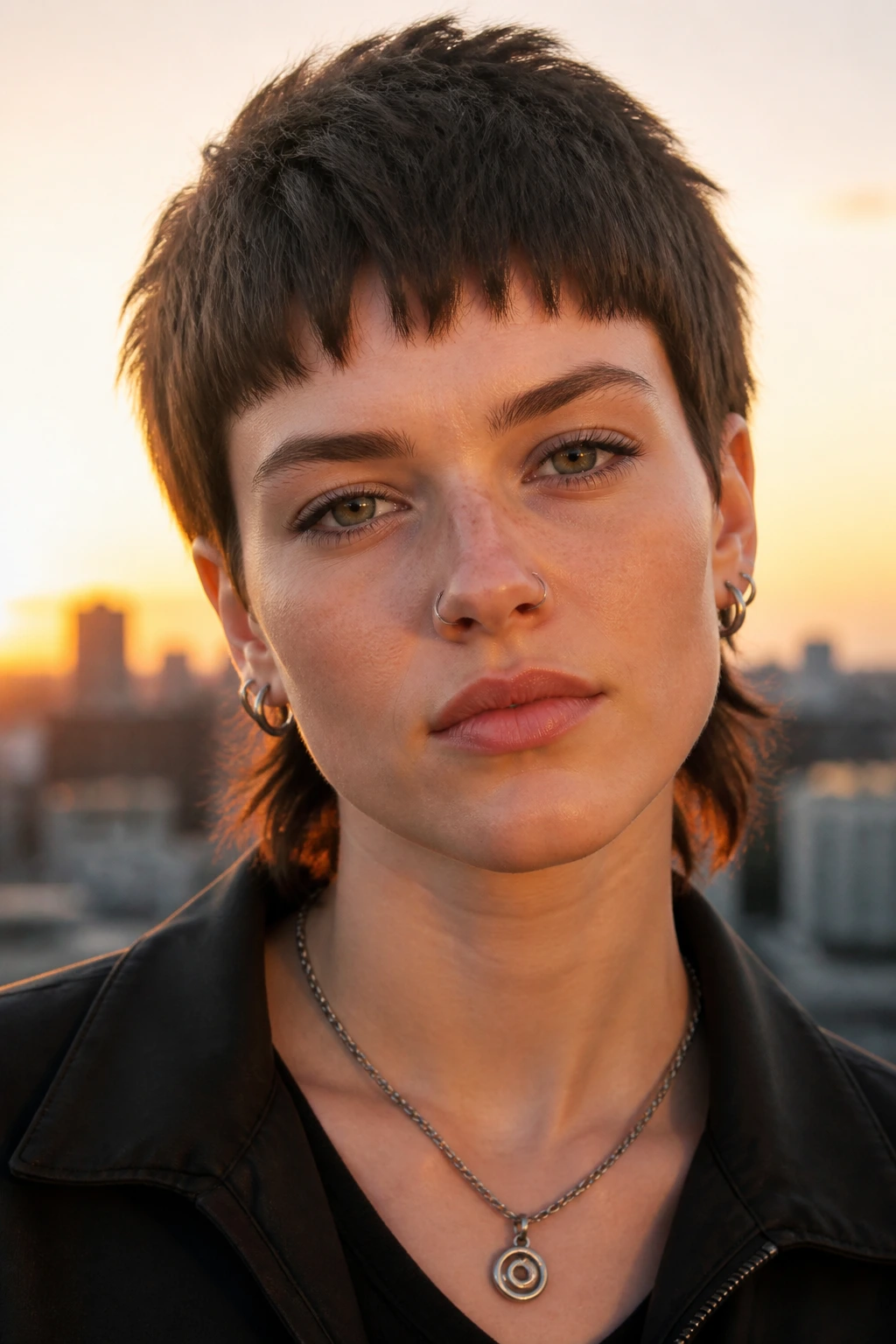 Real person with shullet hairstyle on a rooftop at golden hour