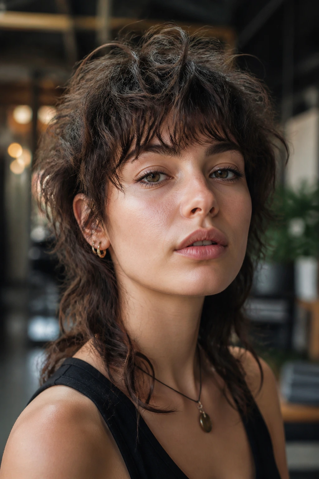 Close-up portrait of a real person with a short shag-mullet hairstyle