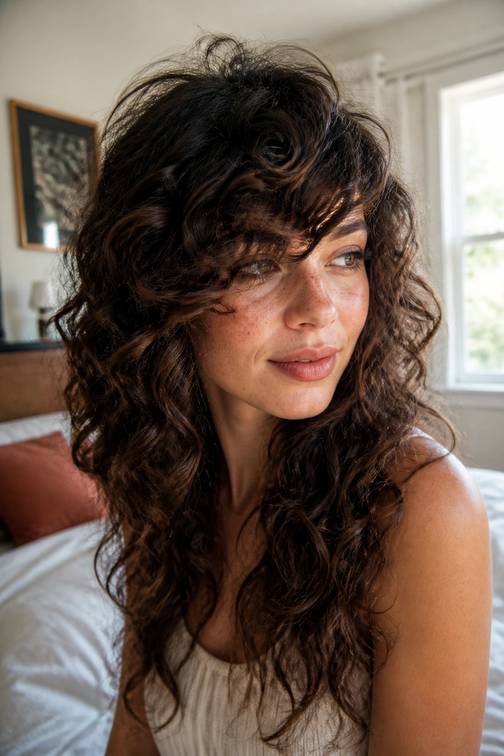 Close-up of a real woman with side-bang curly shag in soft morning light