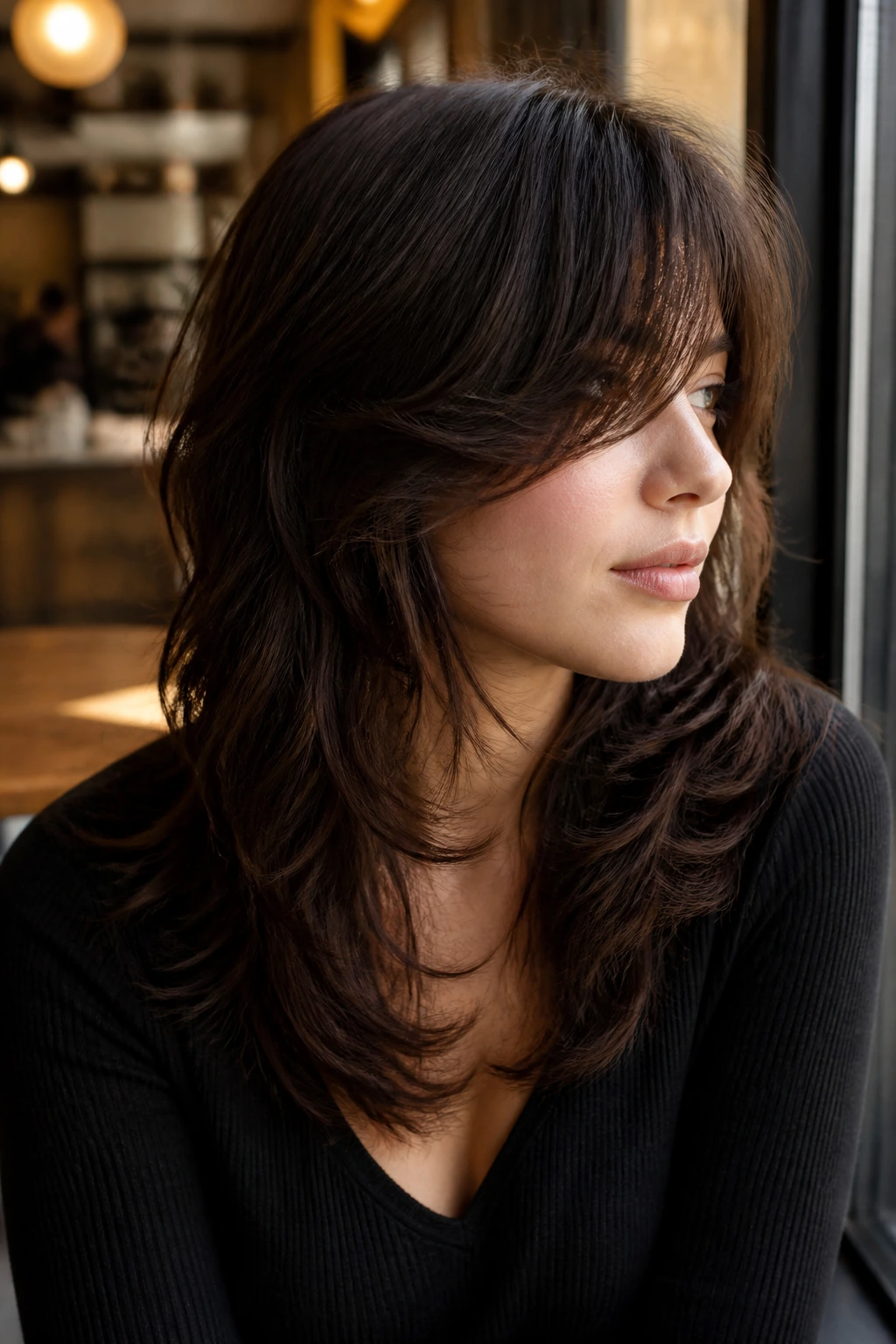 Profile portrait of a real person with a side-bang shag on thick hair.