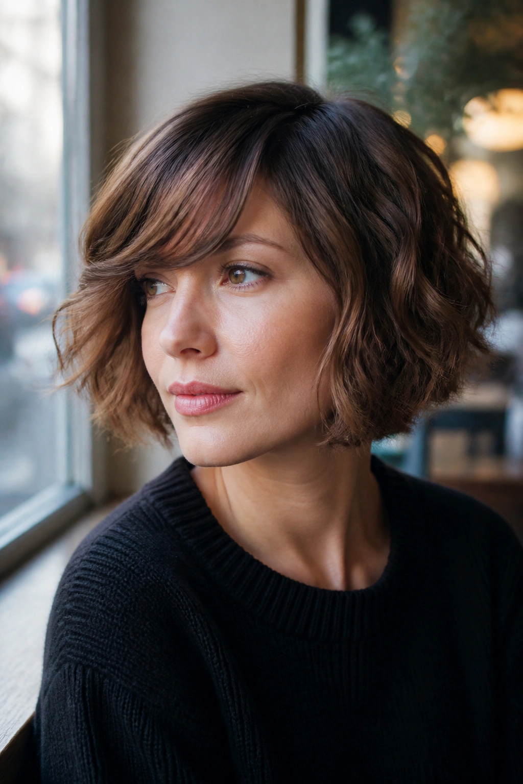 Close-up of a real woman with side-bang wavy bob in cafe daylight