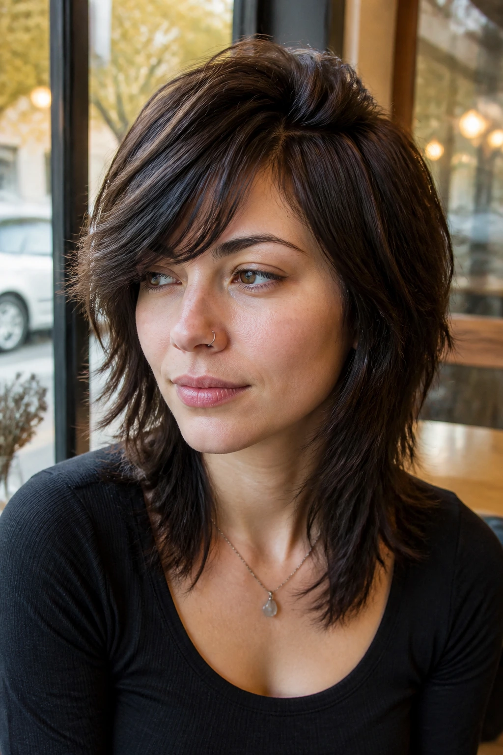 Portrait of a real person with side-bang shaggy wolf cut and deep part.