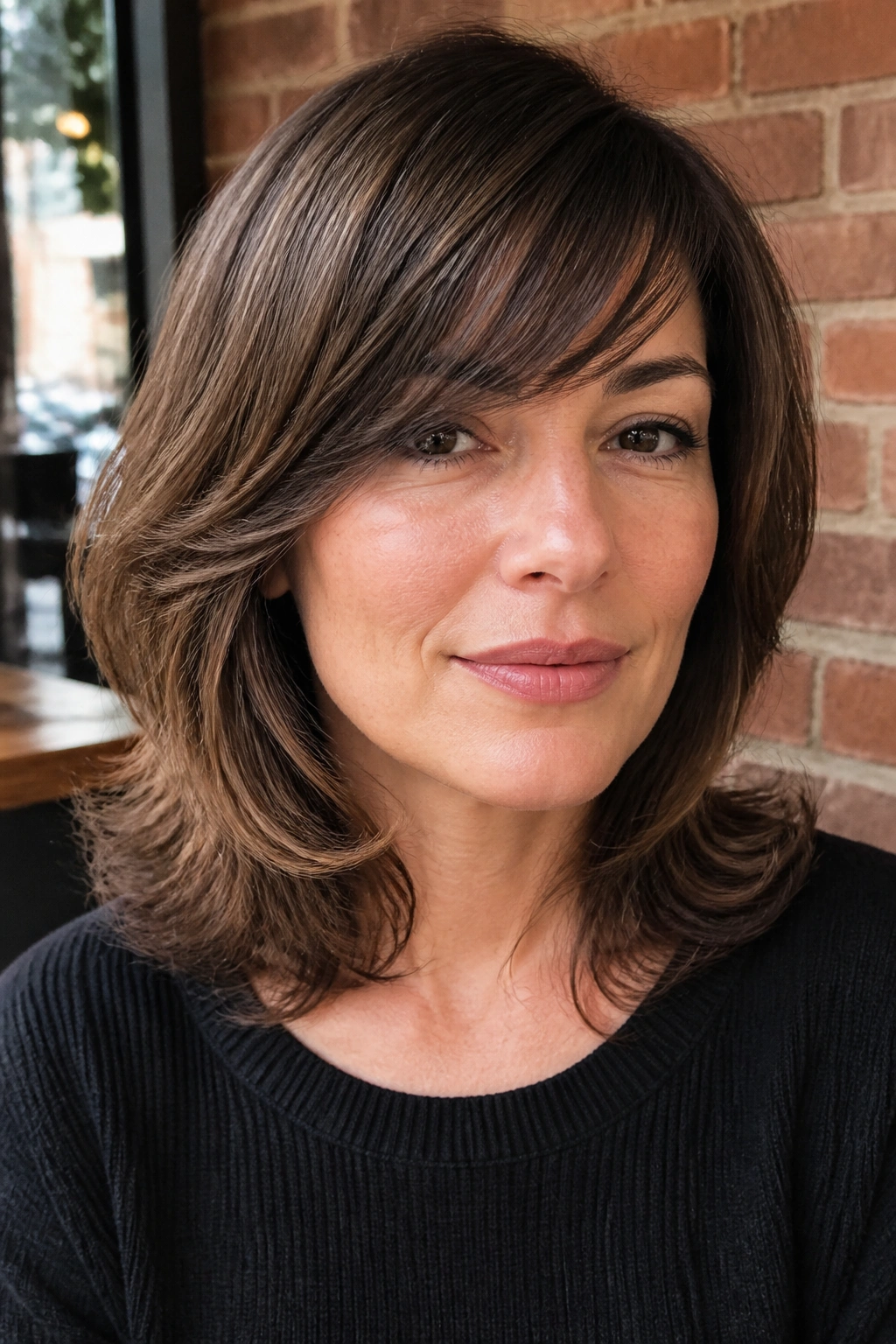 Portrait of person with side-swept bangs and layered flip in a cafe setting