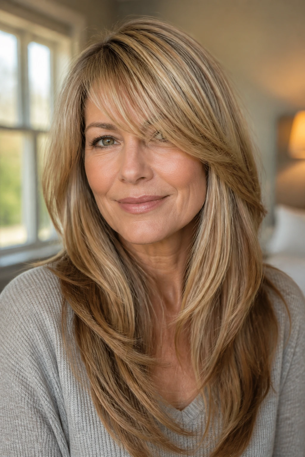 Close-up portrait of a real woman with swooping side bangs and long layers