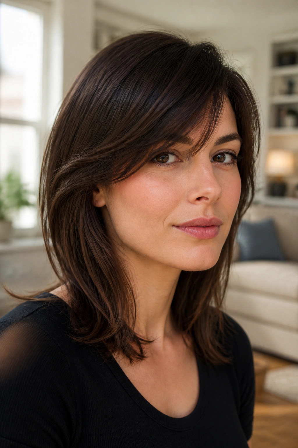 Close-up of a real woman with curved side bangs softening a square jaw