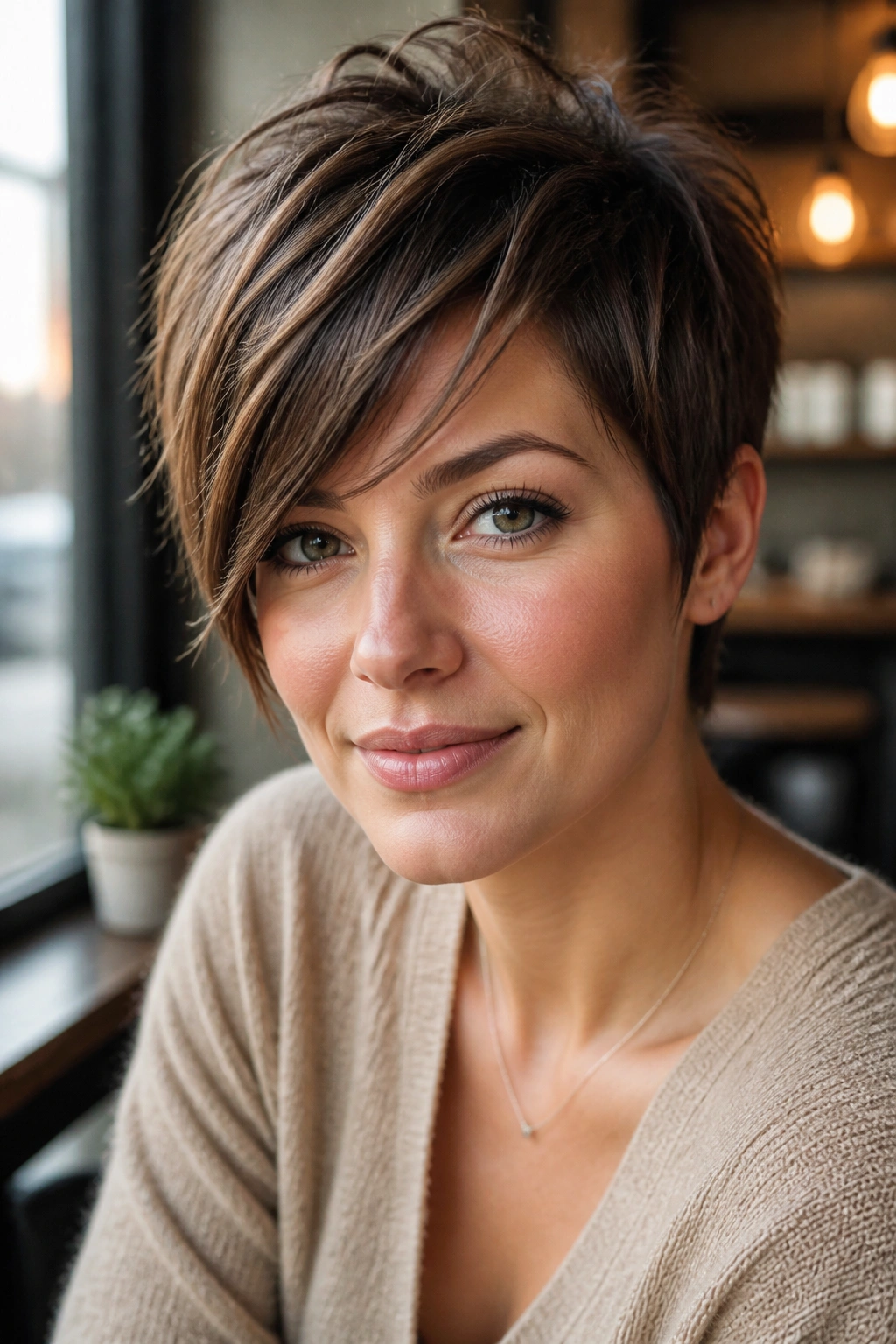 Portrait of a real woman with side bangs and textured pixie hairstyle in daylight