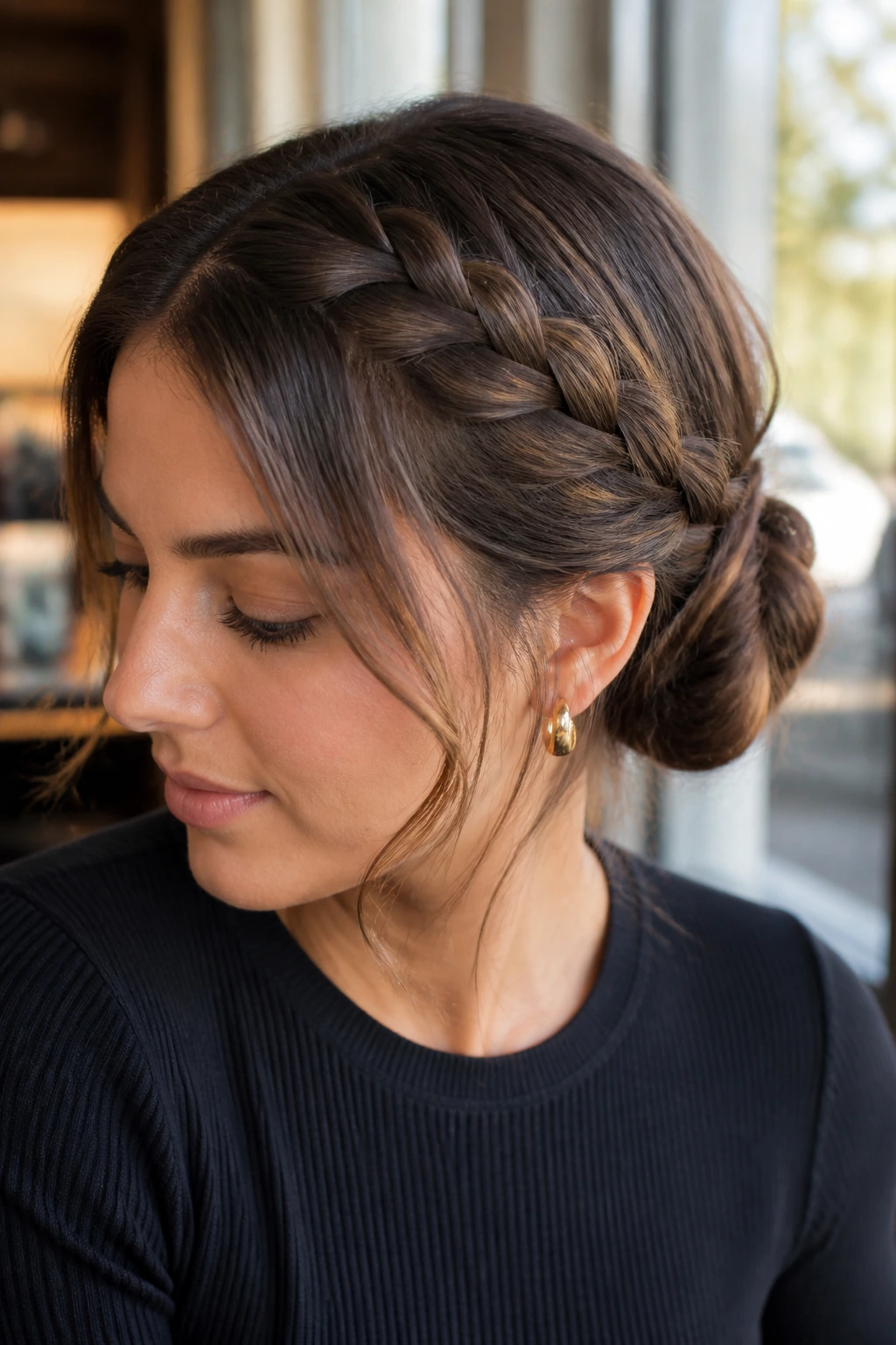 Real woman with a side braid tucked into a bun at the nape