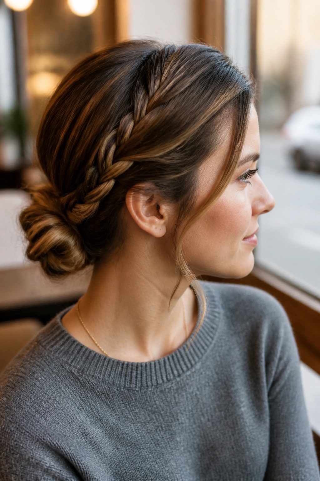 Close-up portrait of a woman with a side braid feeding into a low bun at the nape