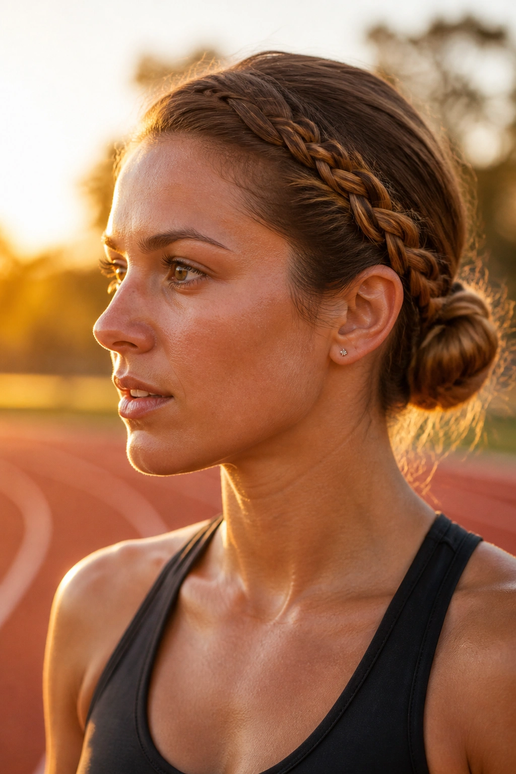 Close-up of real woman with side braid flowing into a low bun at the nape during outdoor workout