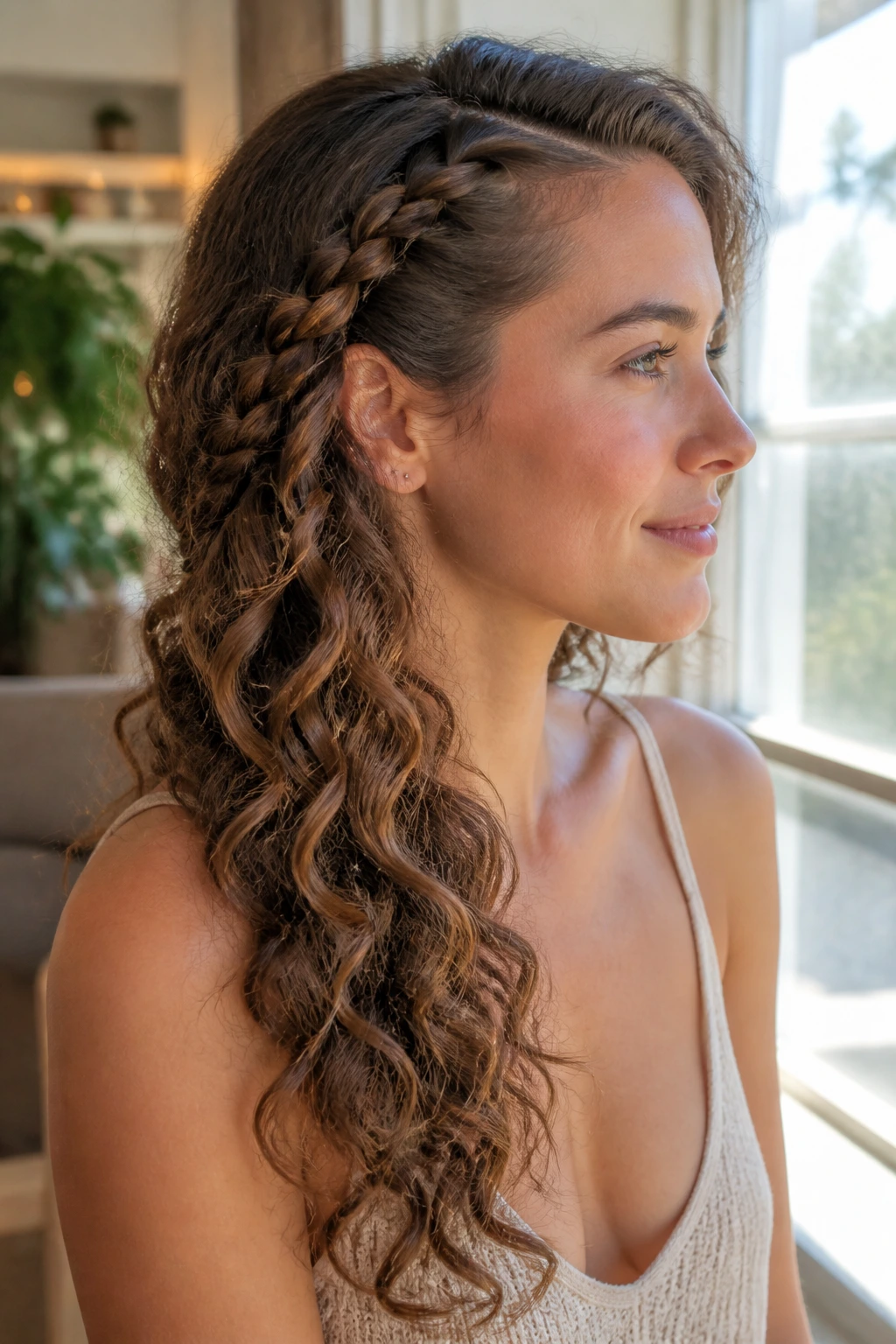 Close-up of a real woman with a side braid flowing into cascading curls