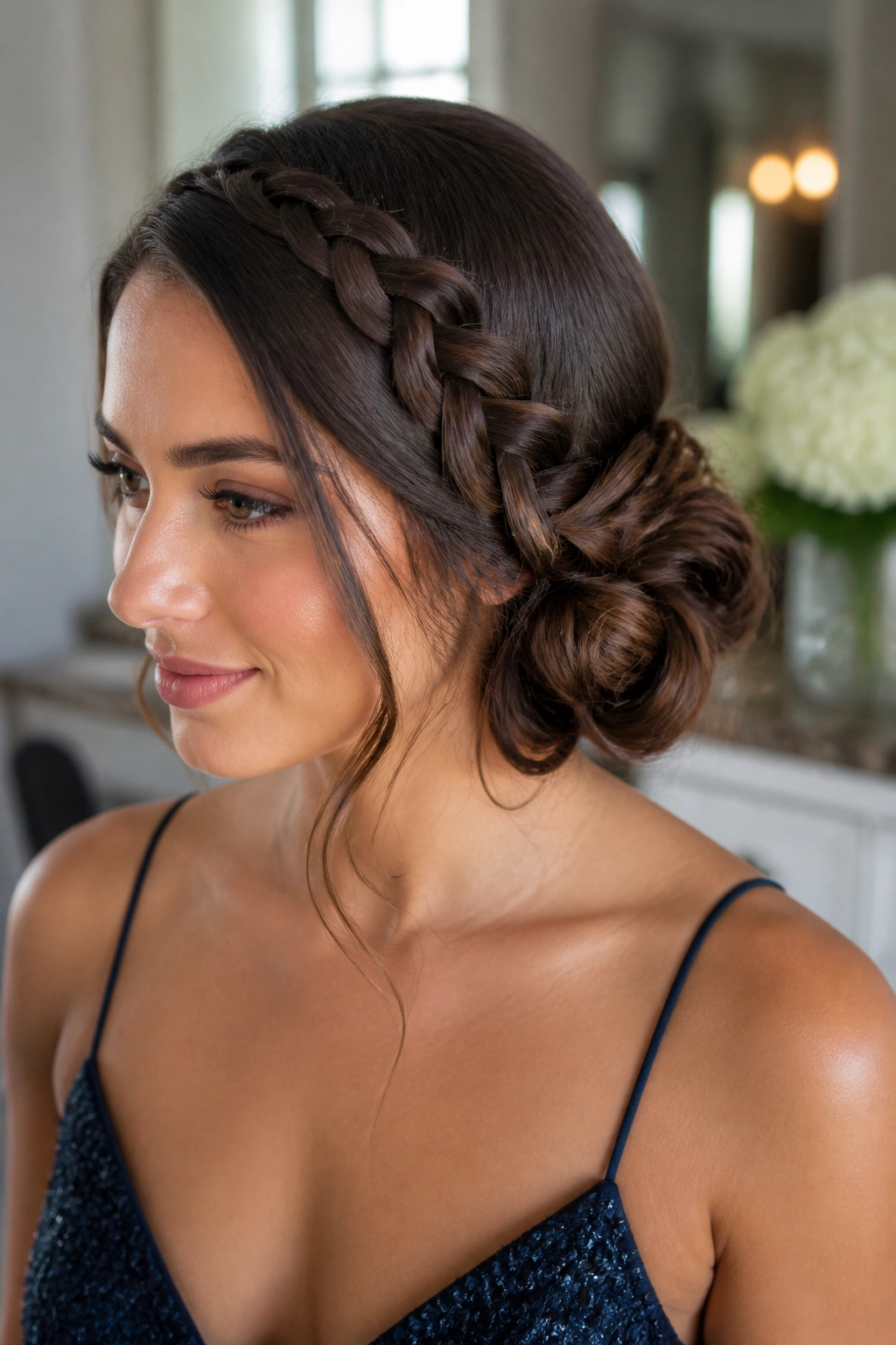 Real woman with side braid flowing into a side chignon behind the ear