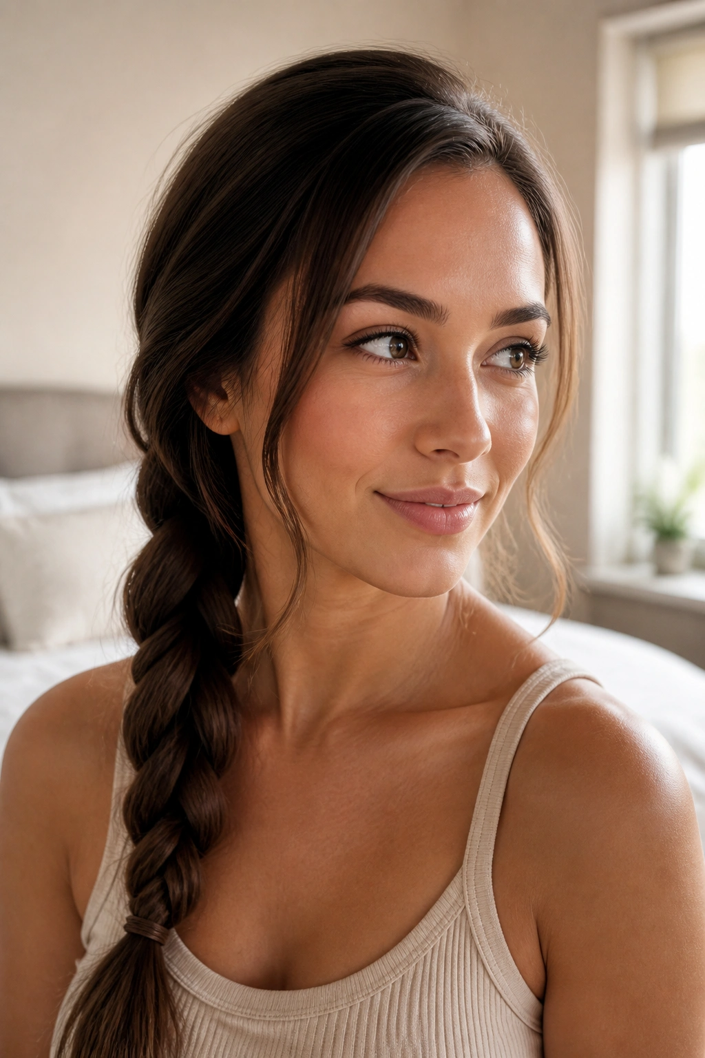 Close-up portrait of a woman with a side braid and face-framing strands