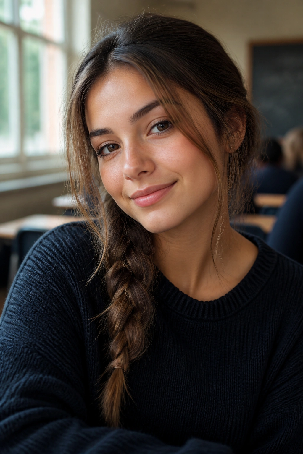 Real student with a side braid and face-framing pieces under soft classroom light.