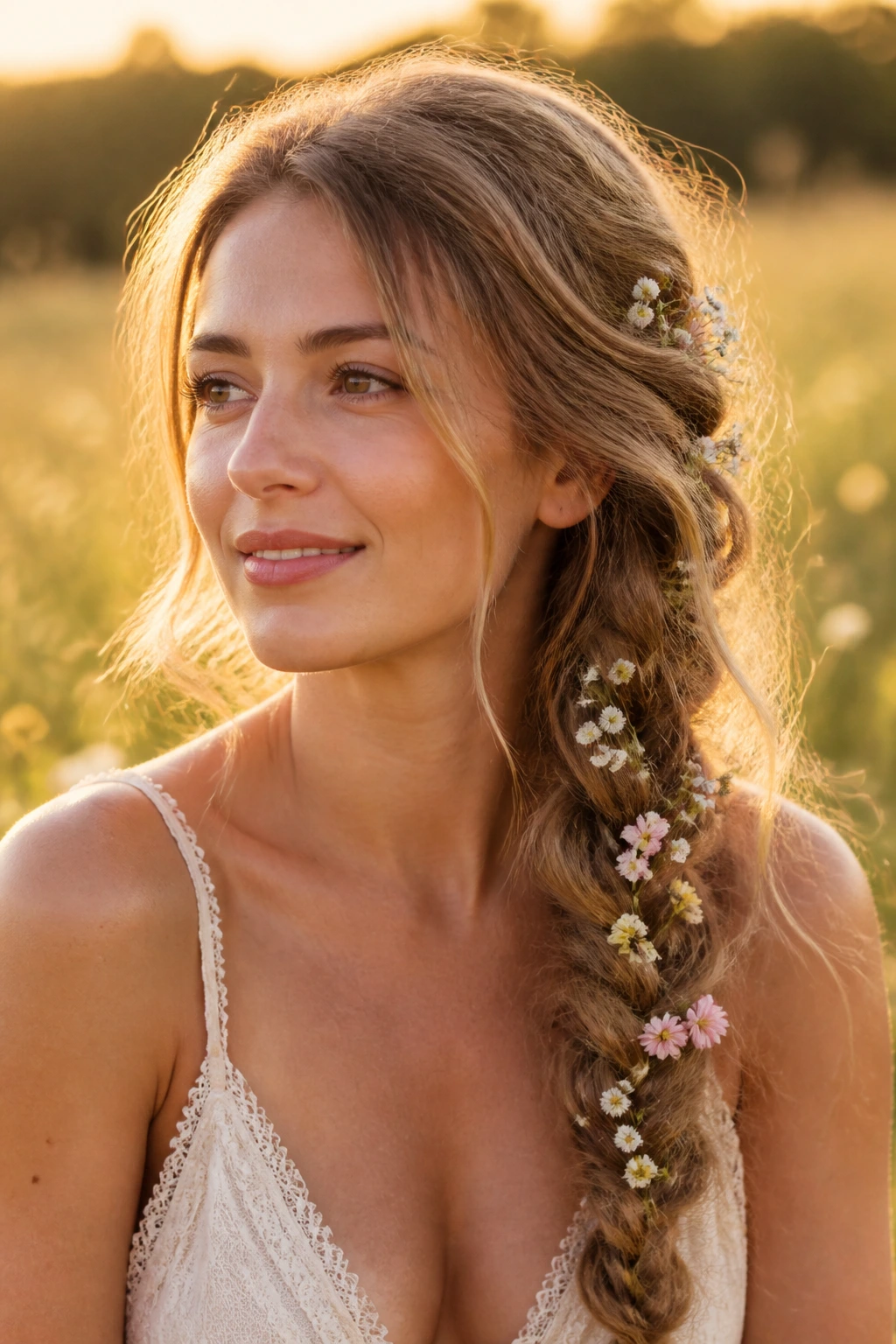 Woman with a soft romantic side braid adorned with tiny flowers over the shoulder