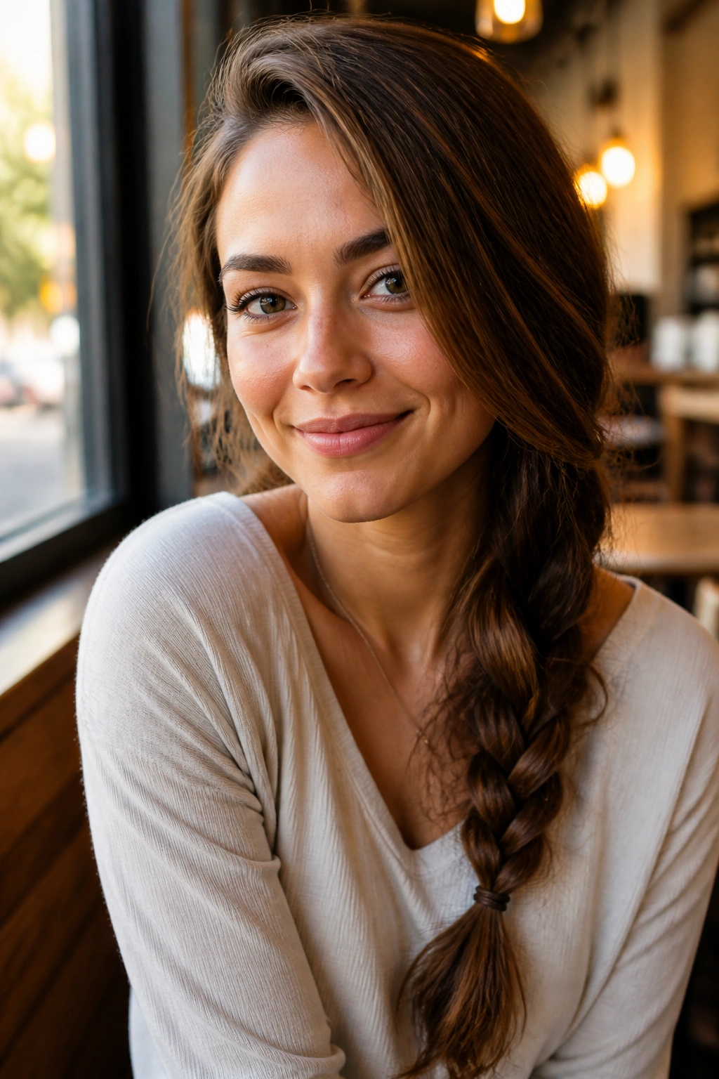 Real woman with a loose side braid draped over one shoulder in a sunlit cafe