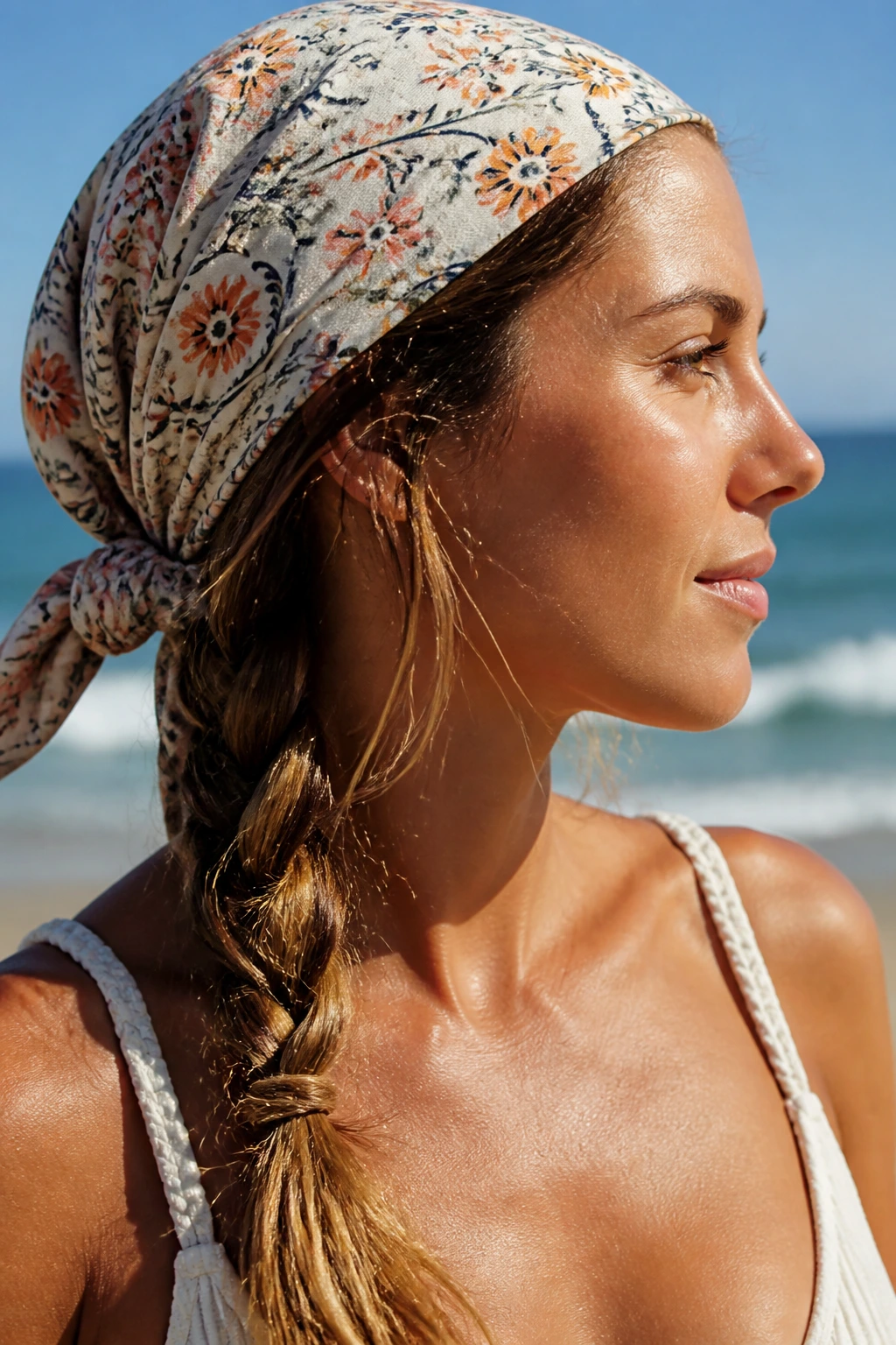 Side braid under headscarf on a real woman at the beach.